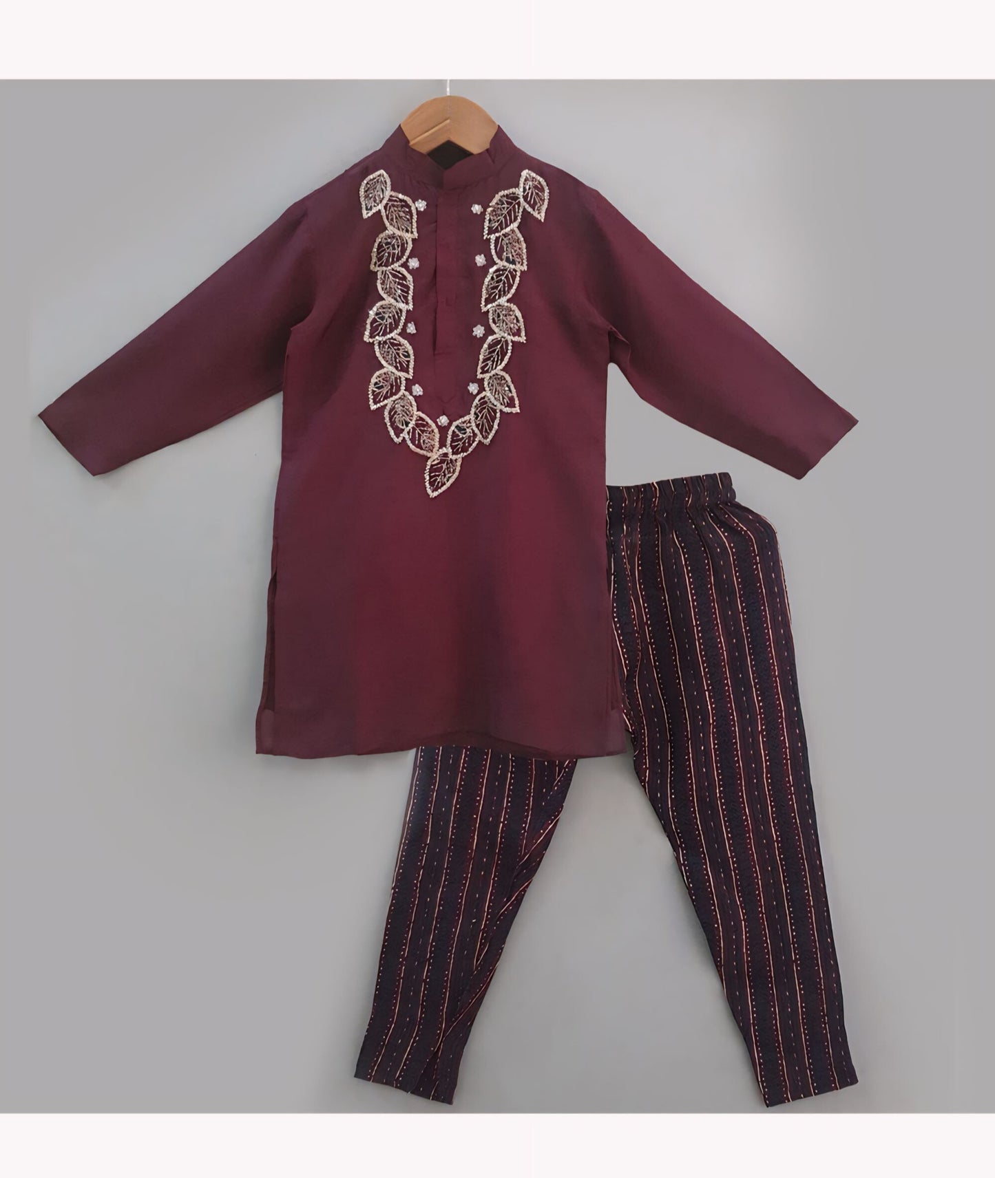 Boys Hand Embroidered Mauve Kurta with Churidar Pant