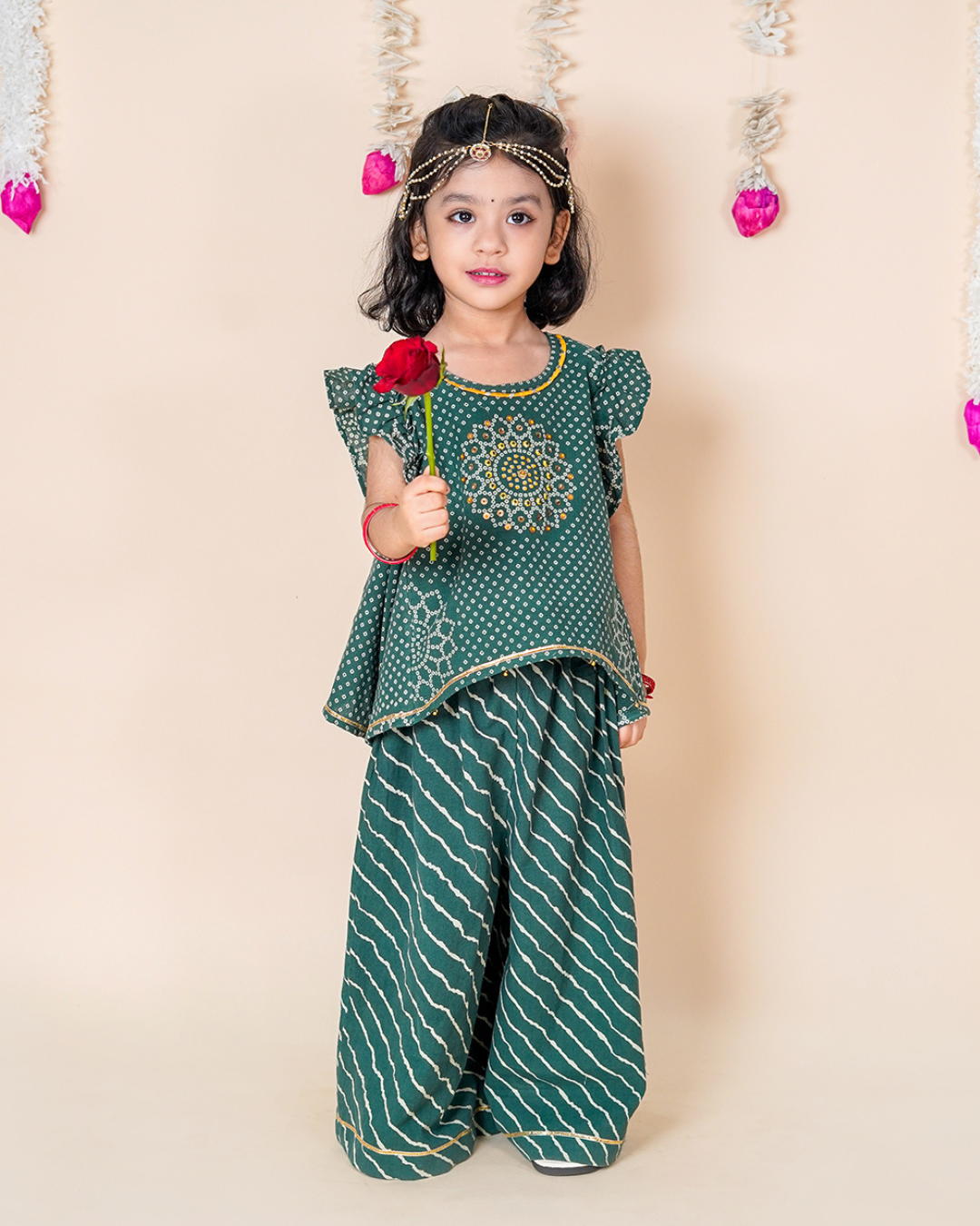 Girls Green Bandhani & leheriya Palazzo set