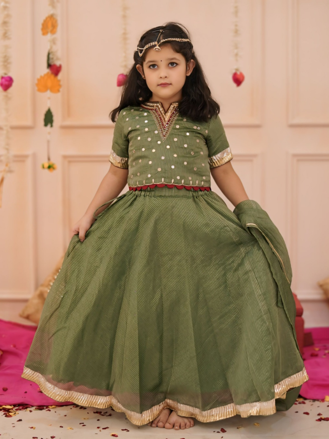 Girls Elegant Green Hand Work Detailing lehenga set