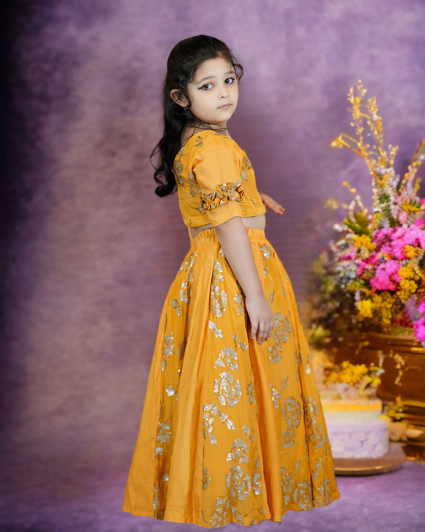 Mustard Pure Chinon Siquense Work Lehenga Set