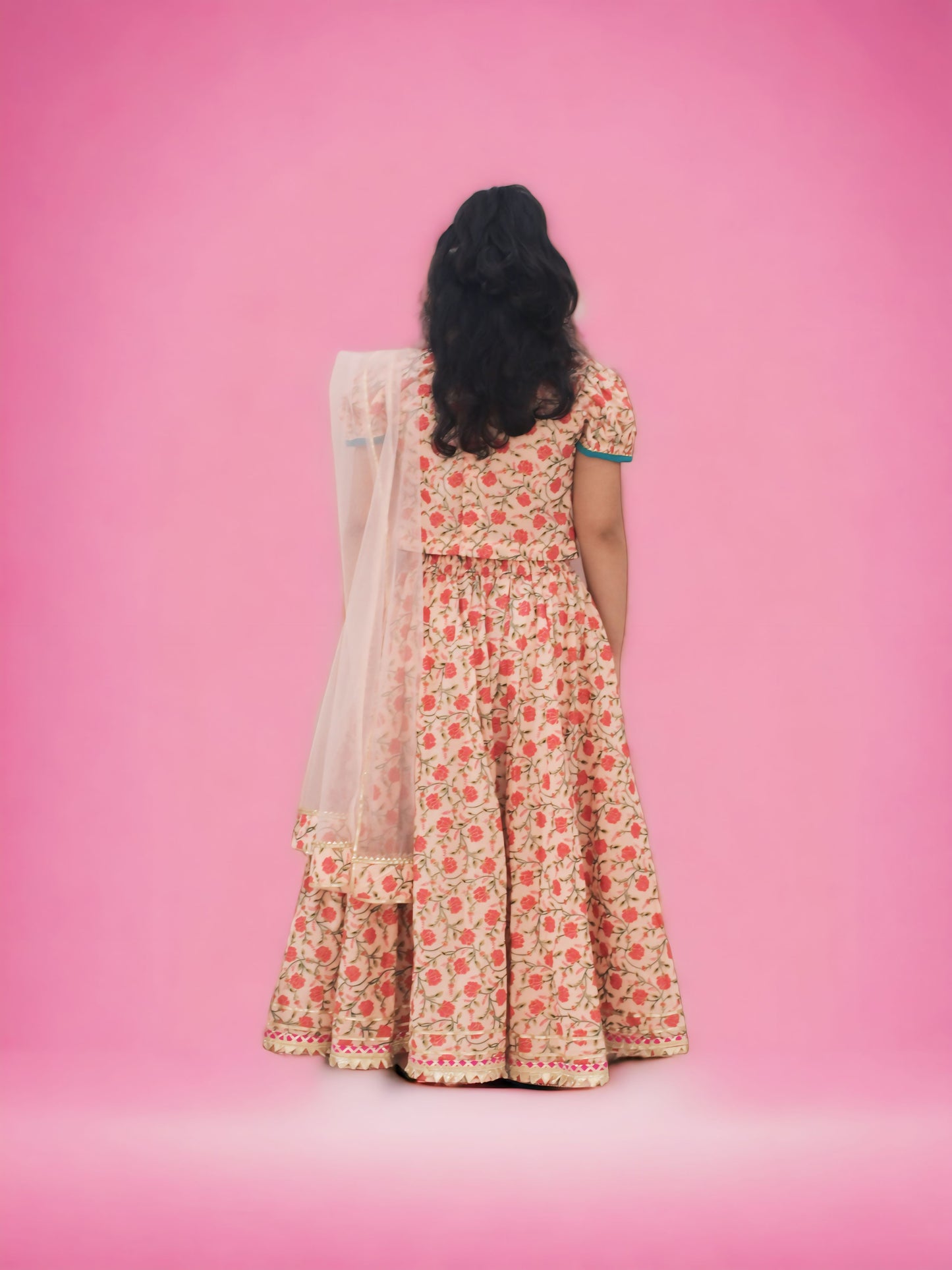 Girls Floral Pink Gota Detailing Lehenga Set
