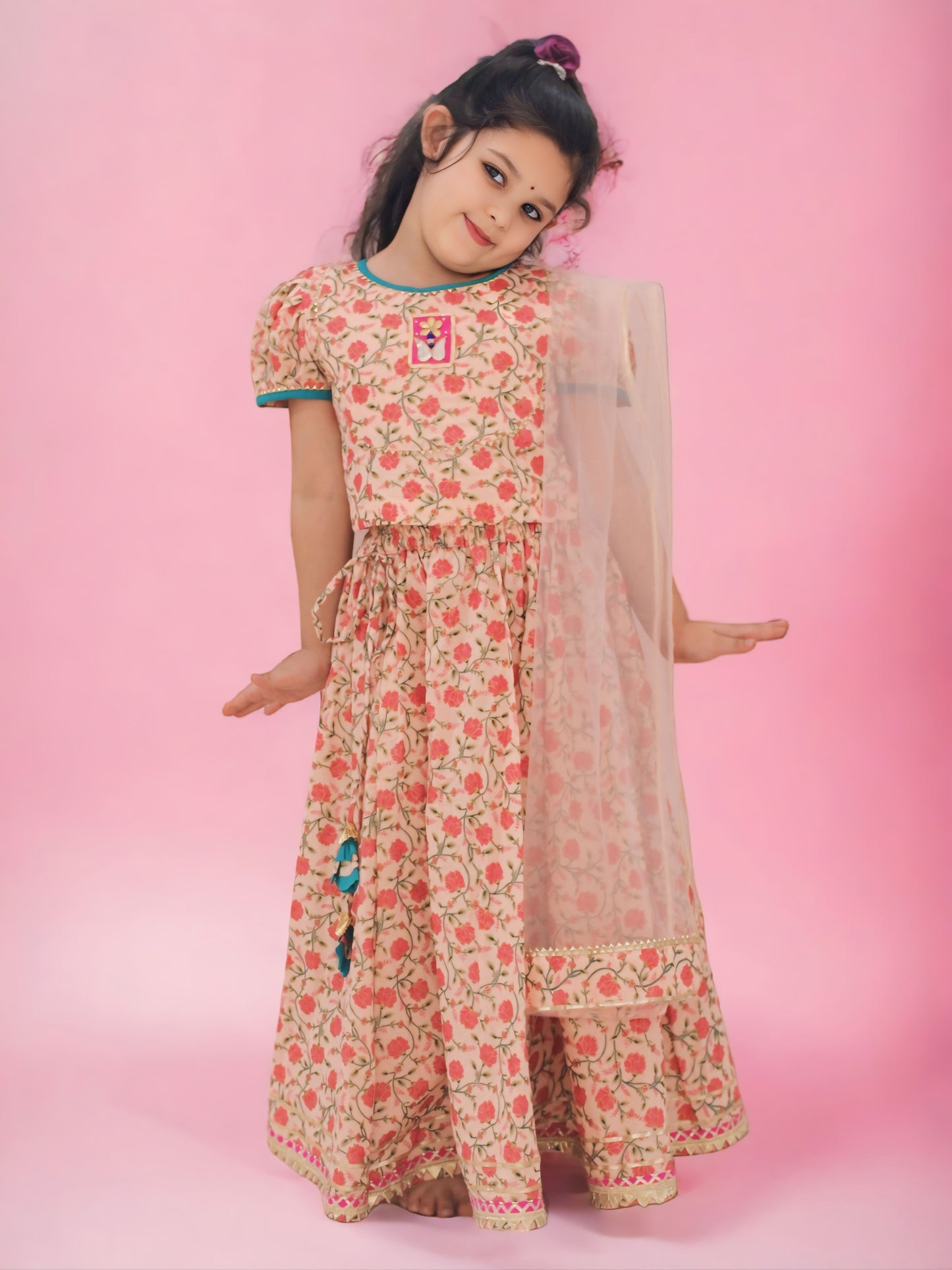 Girls Floral Pink Gota Detailing Lehenga Set