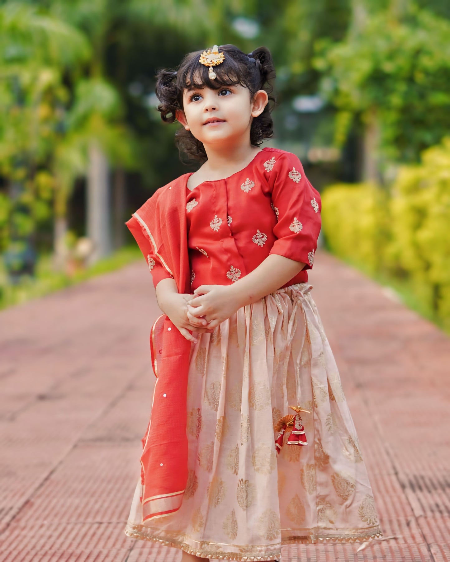 Maroon Embroidered Top With Floral Gold print Lehenga