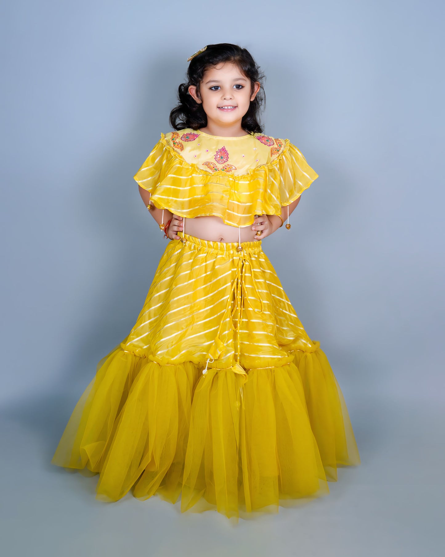 Mustard Hand Embroidered Cape Top With Lehenga