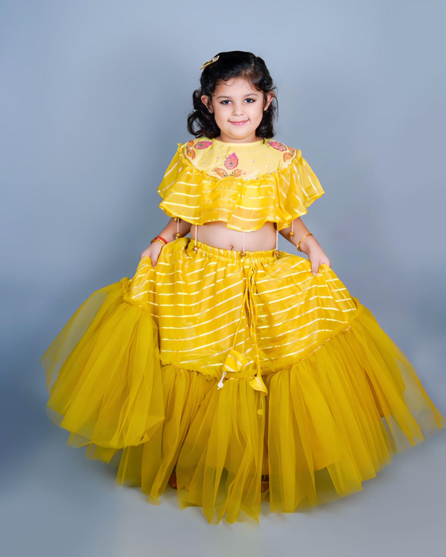 Mustard Hand Embroidered Cape Top With Lehenga