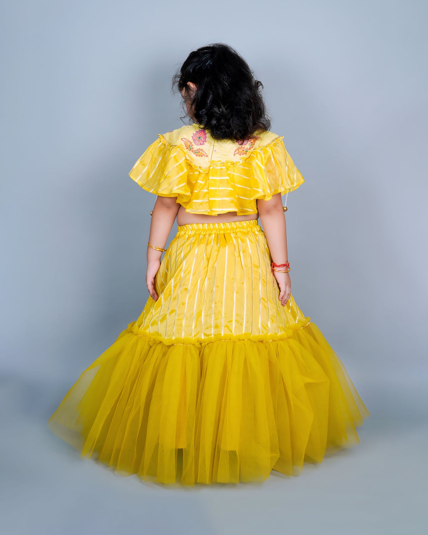 Mustard Hand Embroidered Cape Top With Lehenga