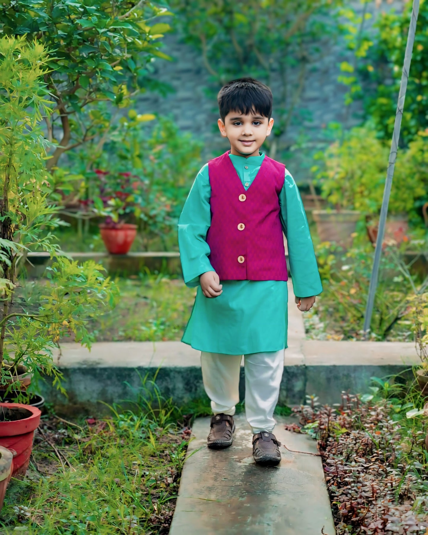 Boys Turquoise Kurta Magenta Jacket And Pyjama Set