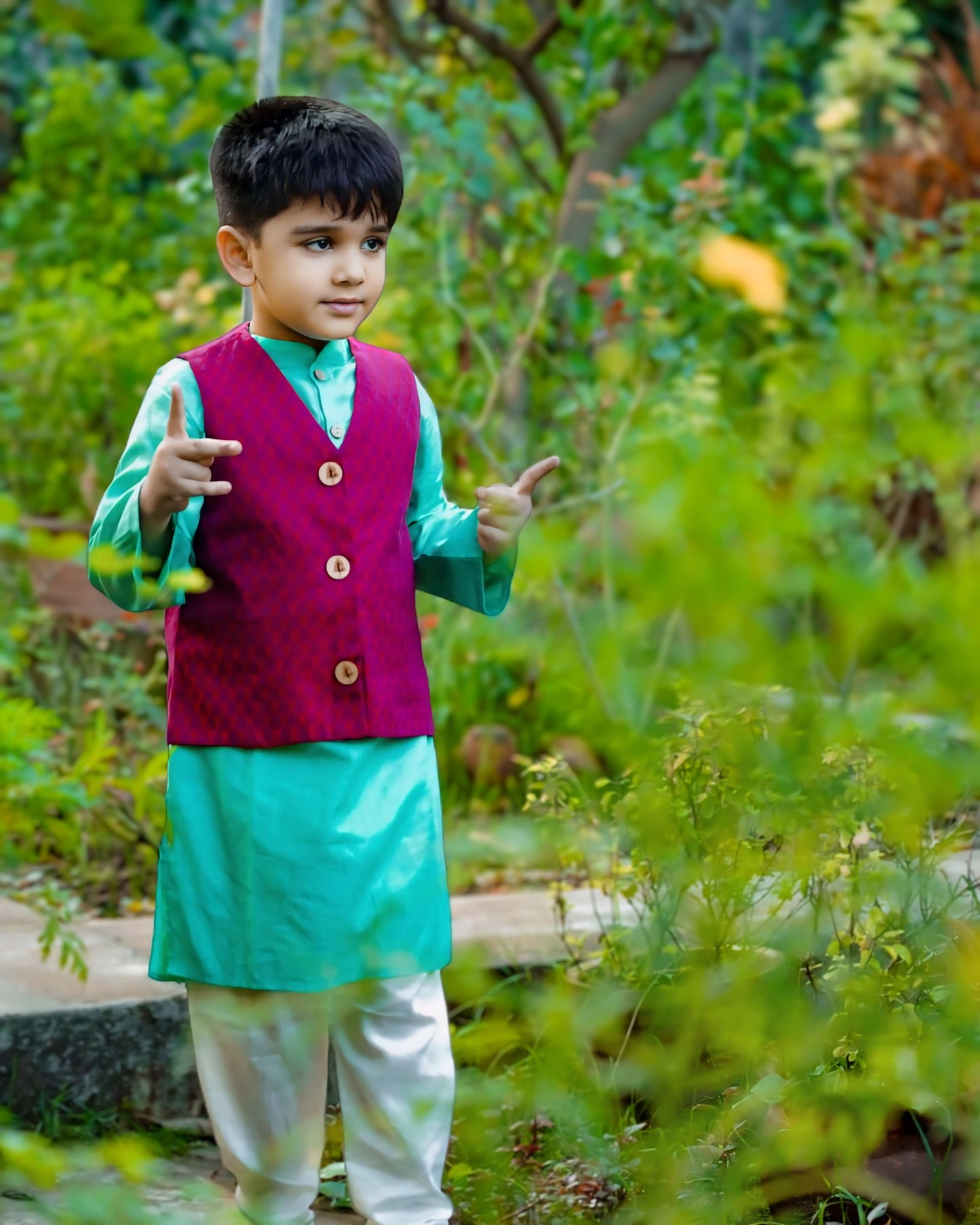 Boys Turquoise Kurta Magenta Jacket And Pyjama Set