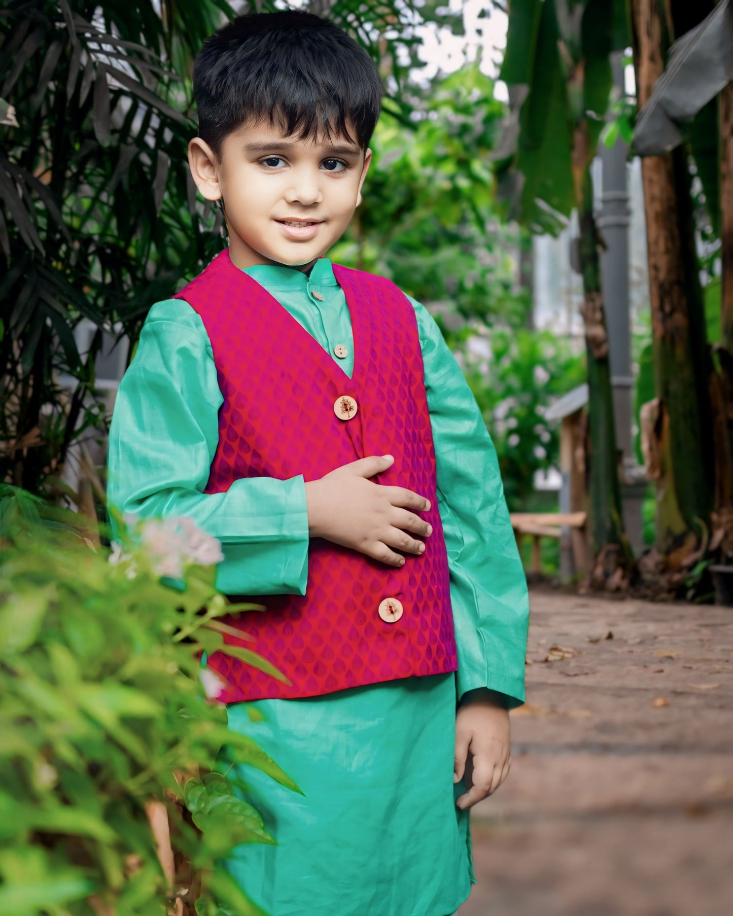 Boys Turquoise Kurta Magenta Jacket And Pyjama Set