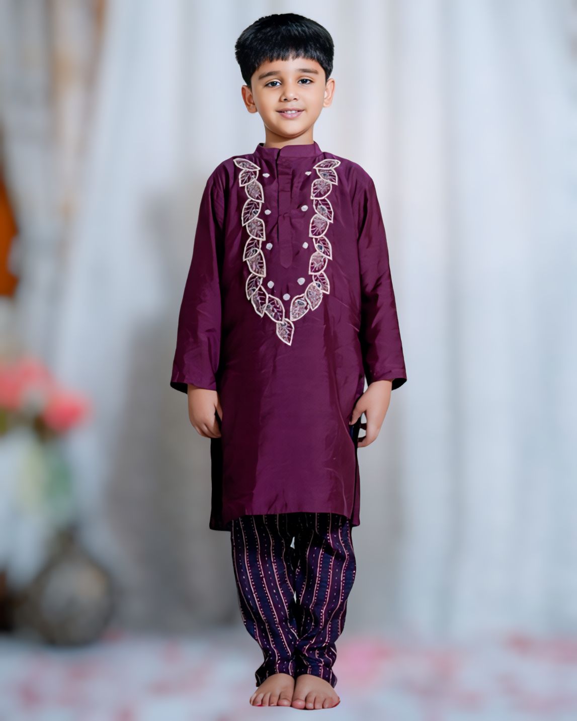 Boys Hand Embroidered Mauve Kurta with Churidar Pant
