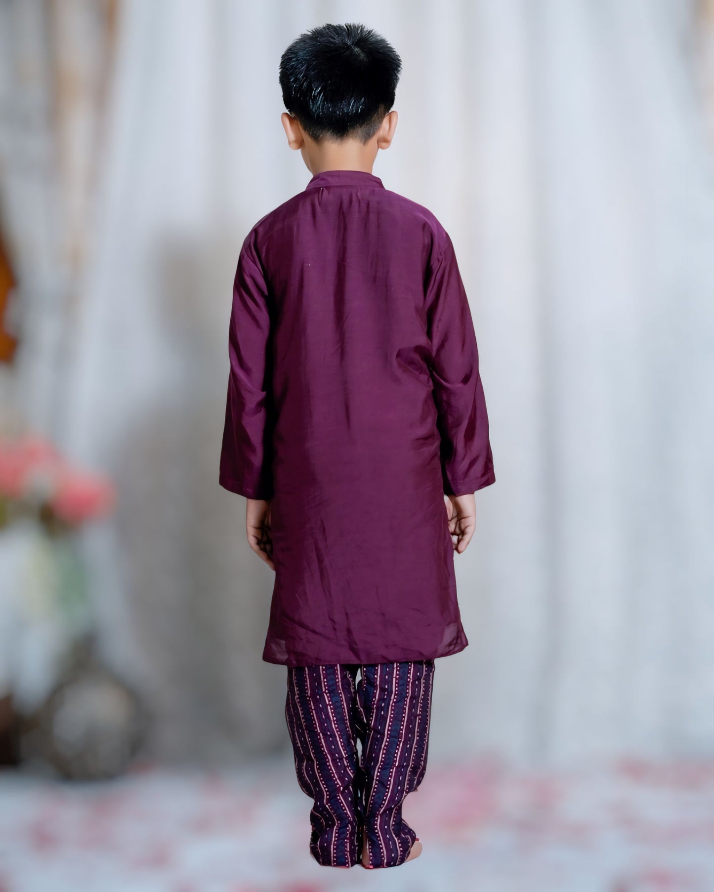 Boys Hand Embroidered Mauve Kurta with Churidar Pant