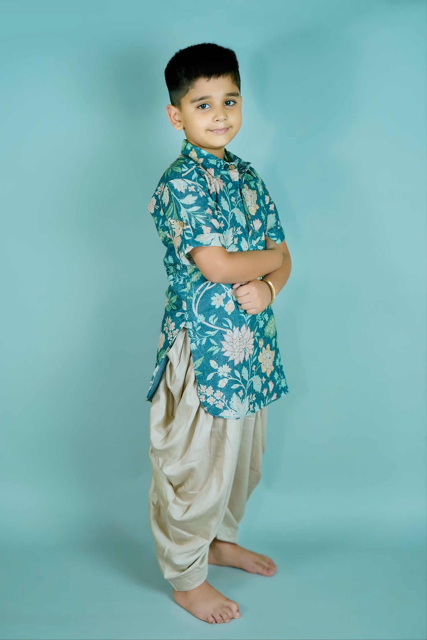 Boys Teal Blue Hakoba Pathani Kurta With Patiyala