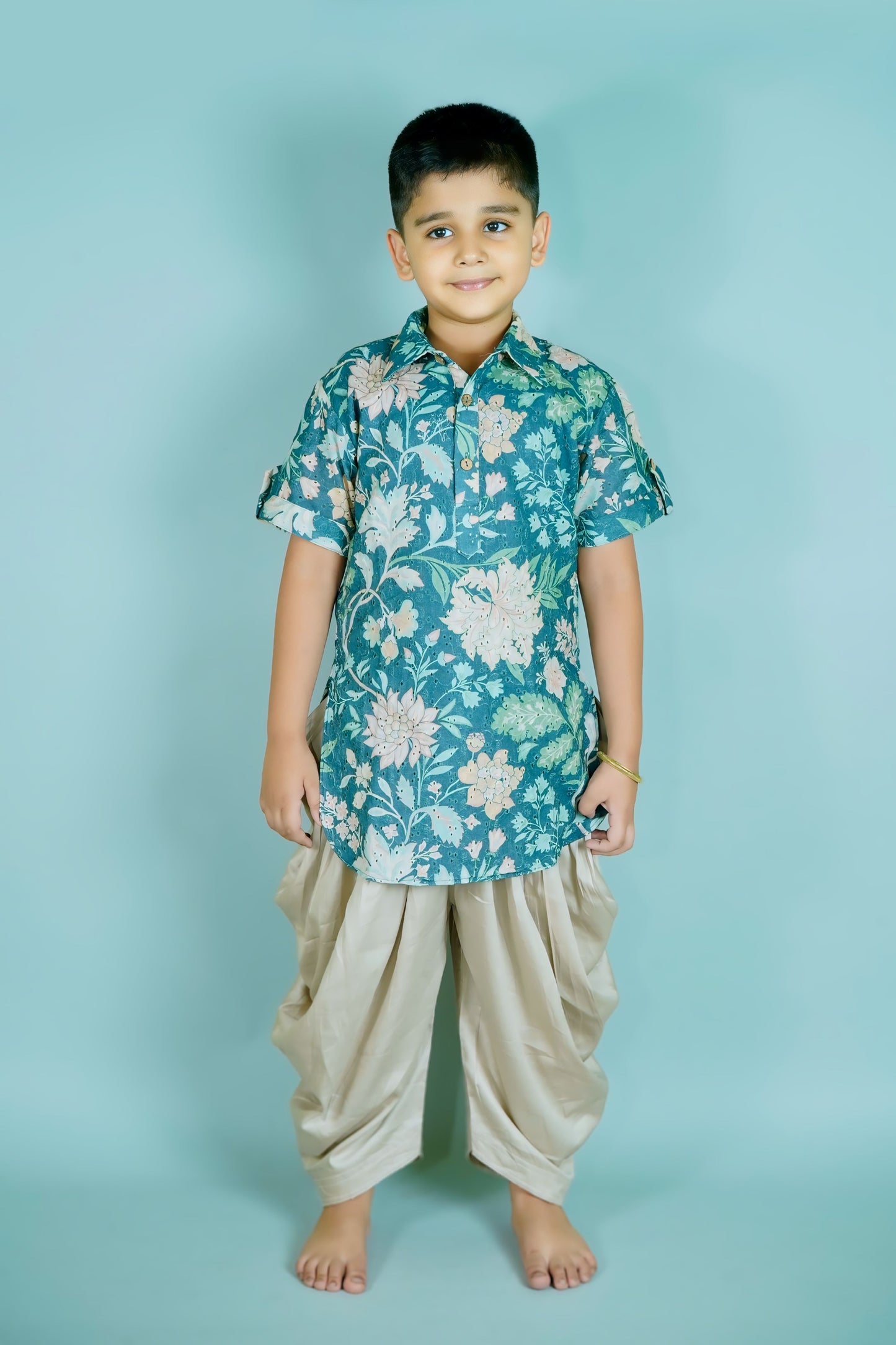 Boys Teal Blue Hakoba Pathani Kurta With Patiyala