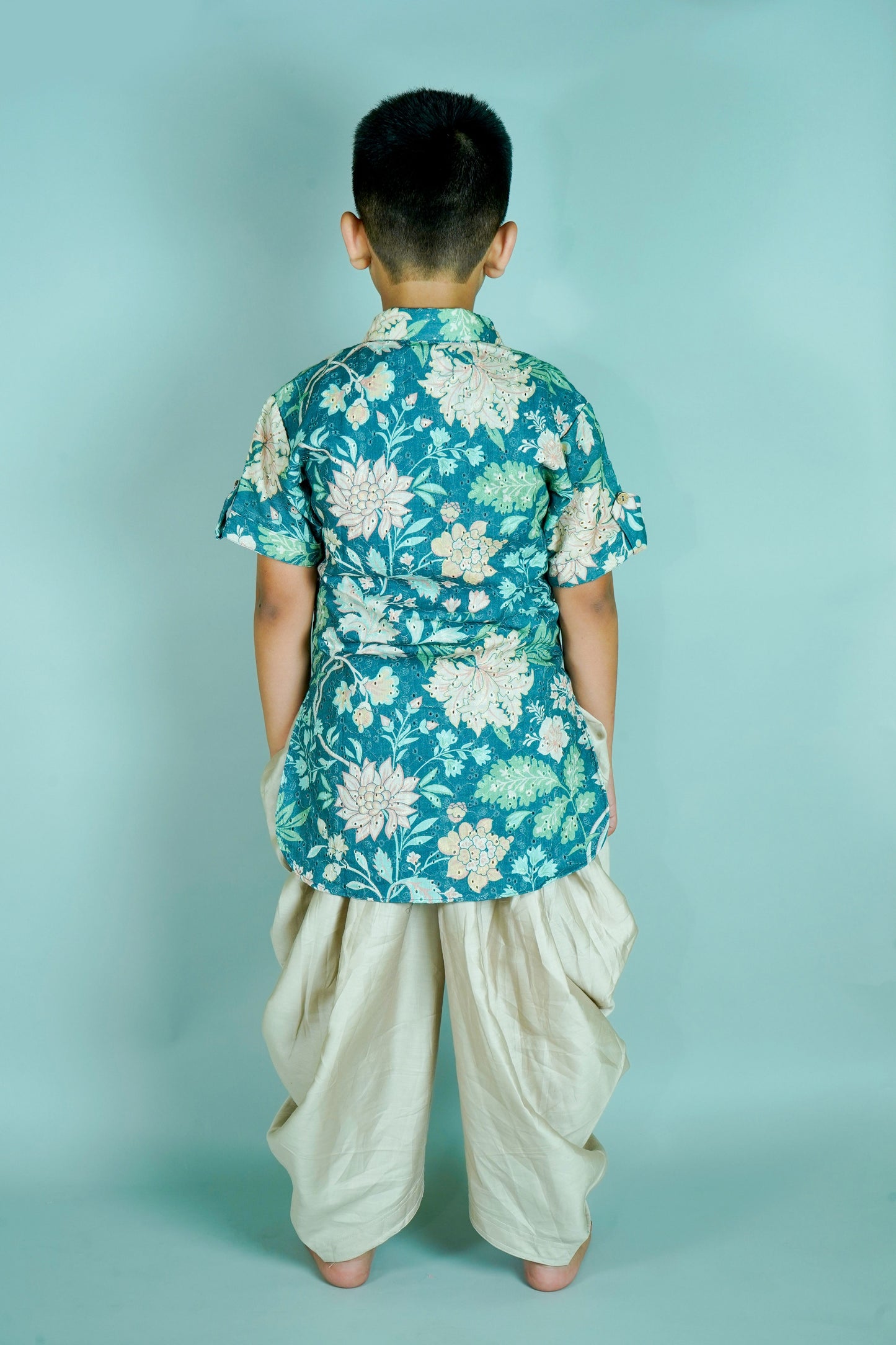 Boys Teal Blue Hakoba Pathani Kurta With Patiyala