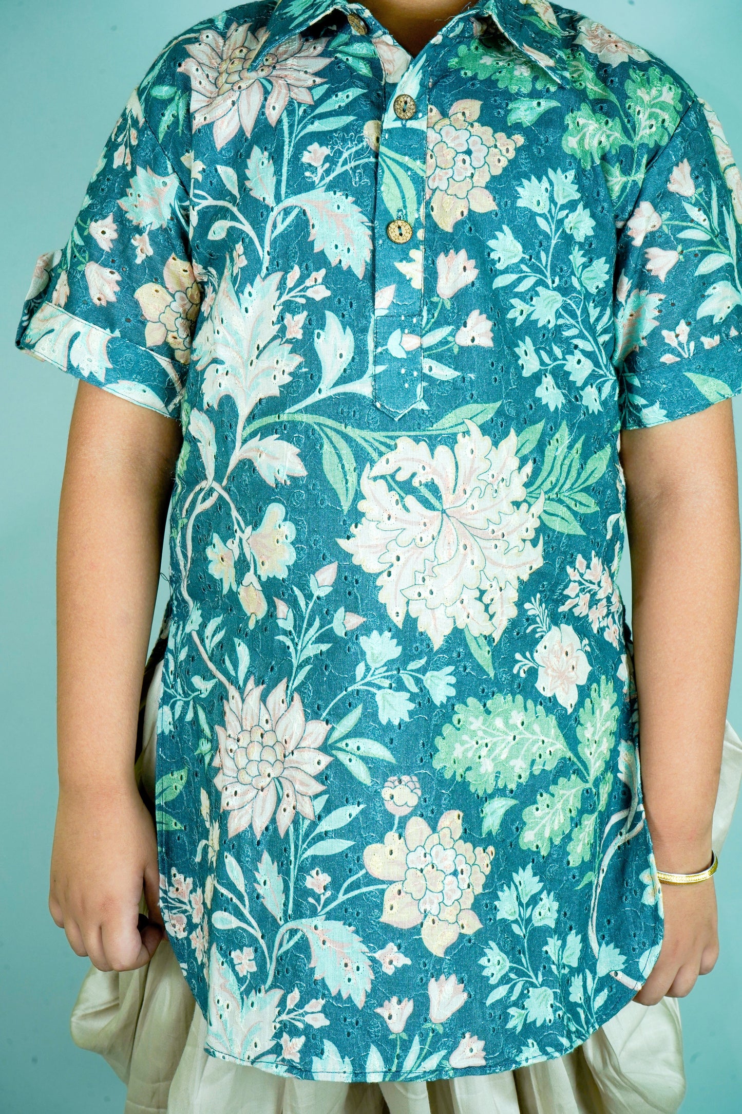 Boys Teal Blue Hakoba Pathani Kurta With Patiyala