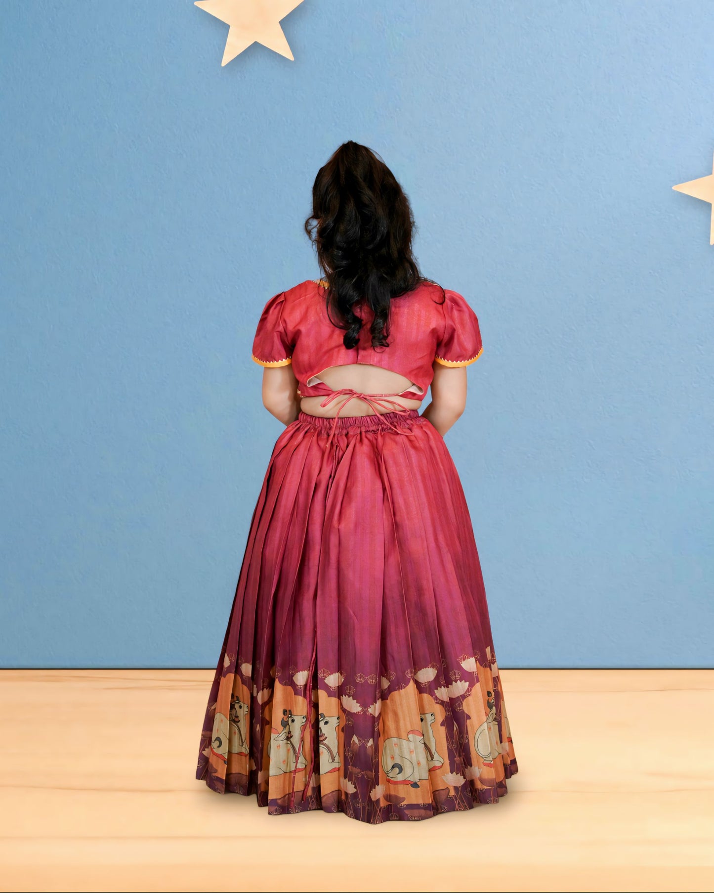 Girls Embroidered Brown Cow Print lehenga