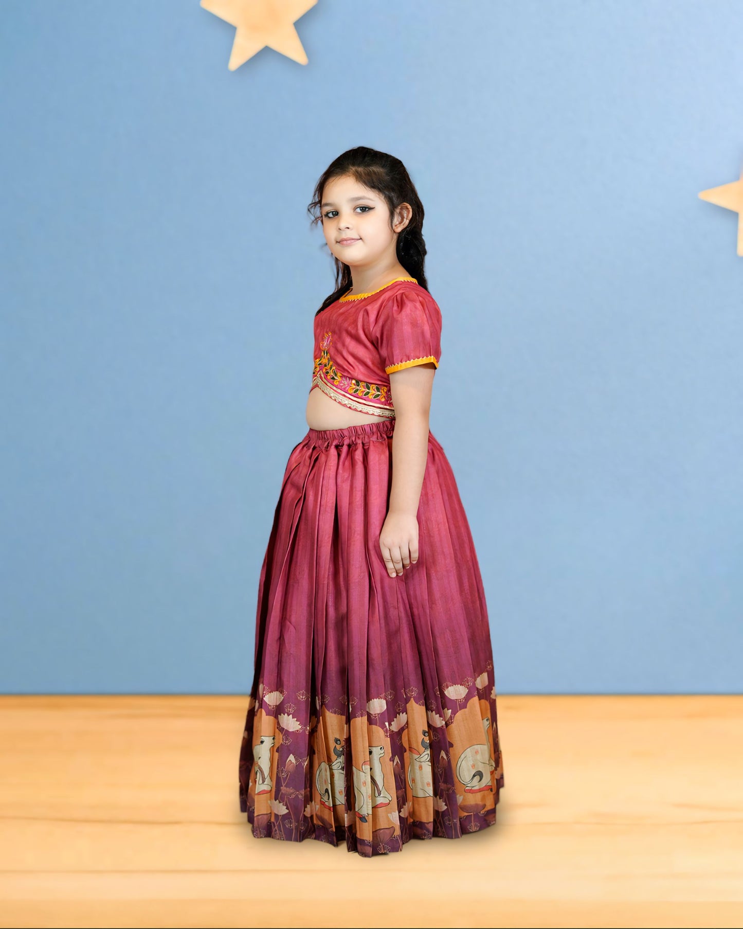 Girls Embroidered Brown Cow Print lehenga