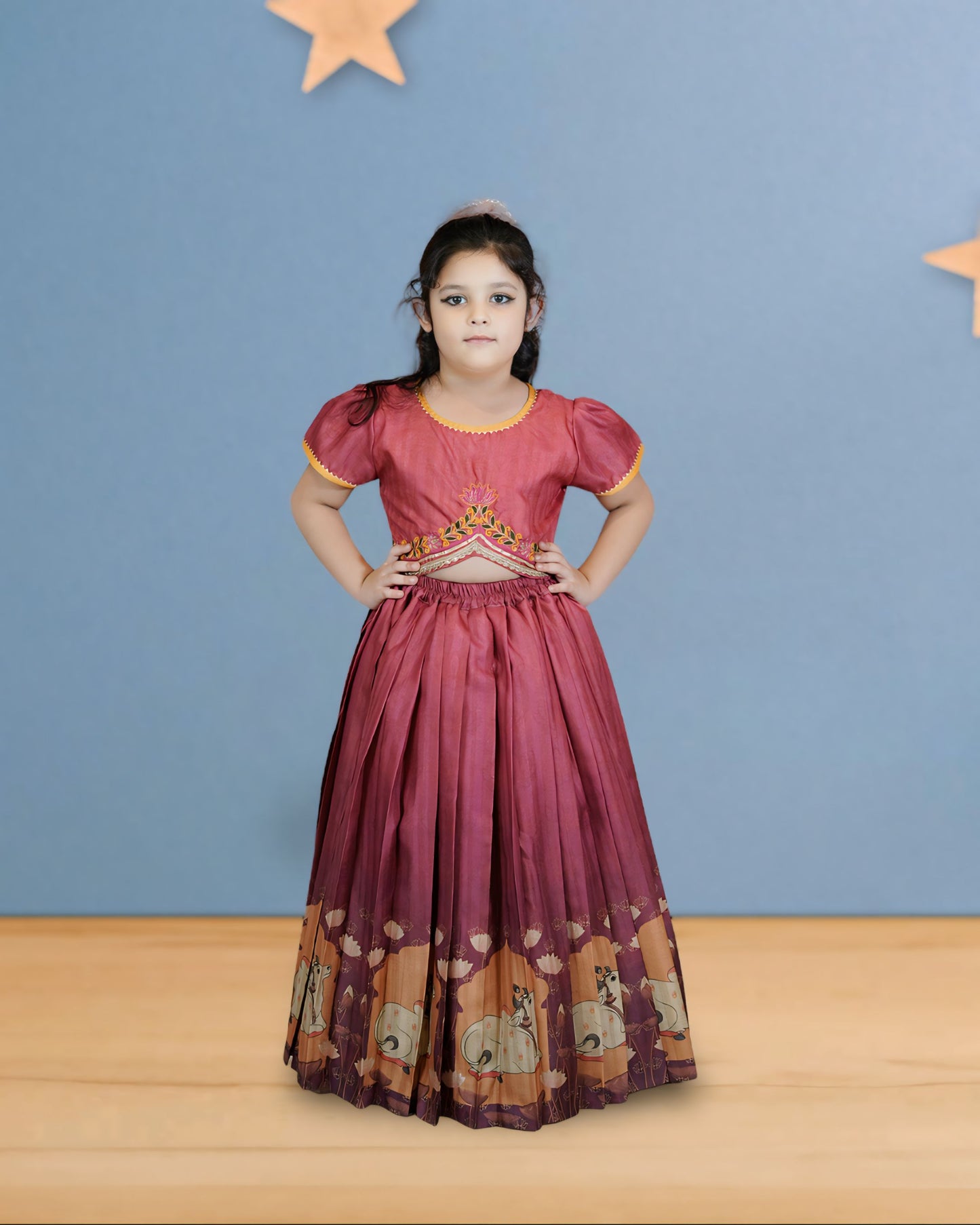 Girls Embroidered Brown Cow Print lehenga