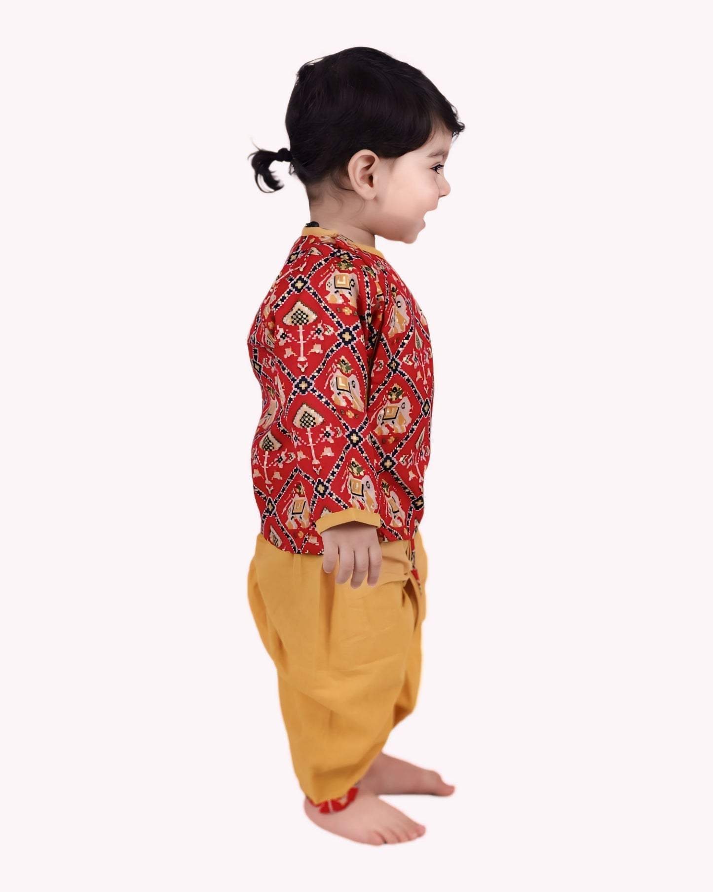 Baby Boy Patola Red Kurta With Dhoti Pant