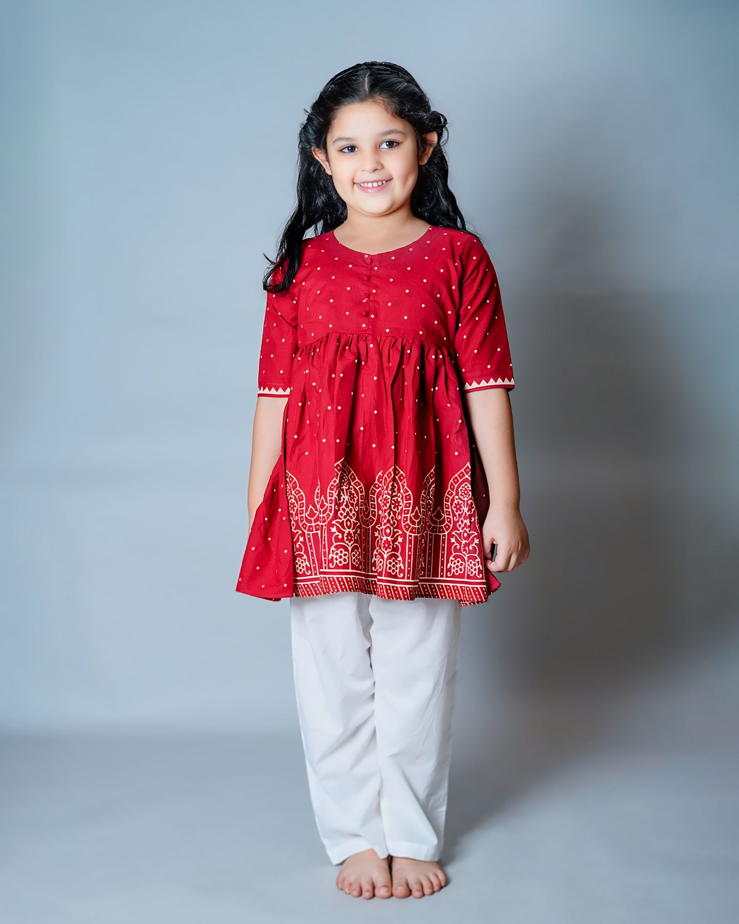 Girls Red Cotton Kurta With Straight Pant