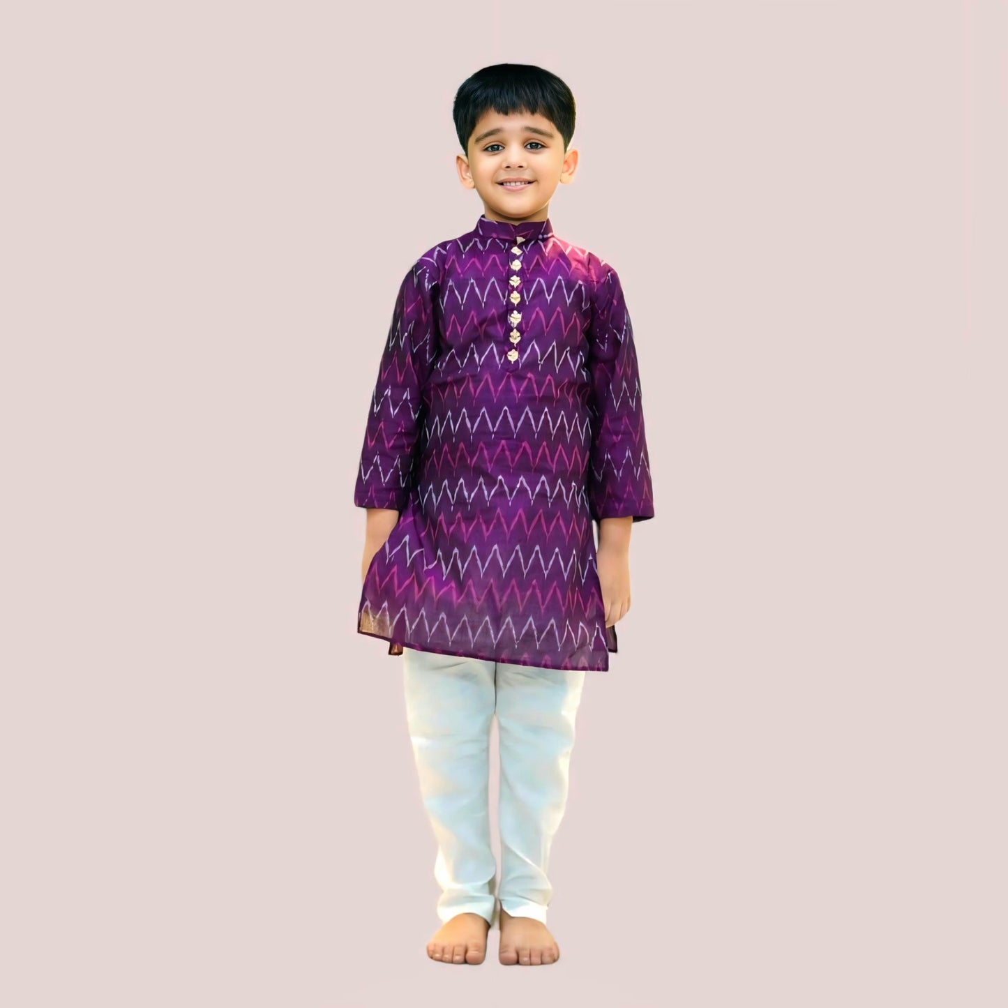 Boys Embroidered Mauve Cotton Ikat Silk Kurta With Churidar Pant