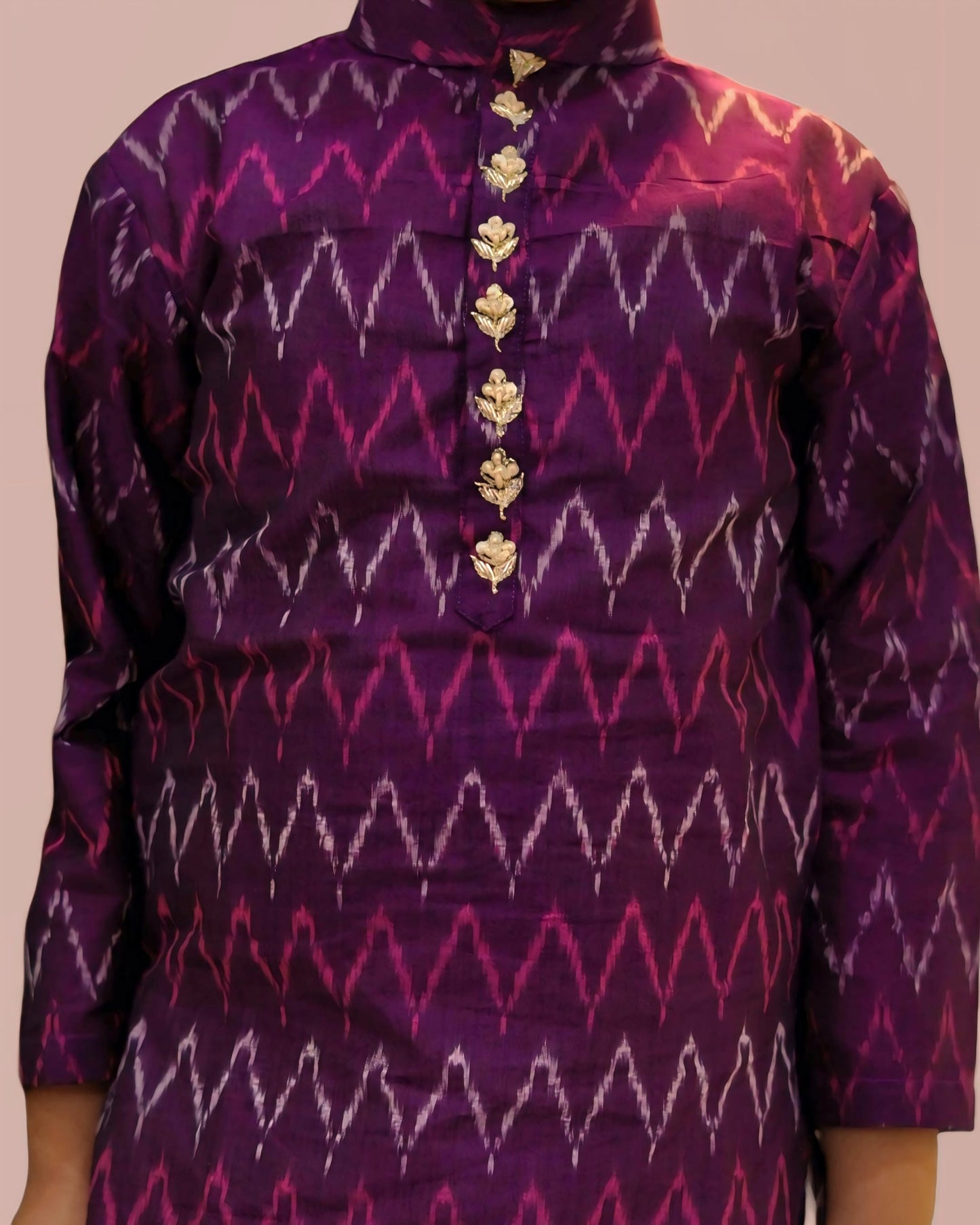 Boys Embroidered Mauve Cotton Ikat Silk Kurta With Churidar Pant