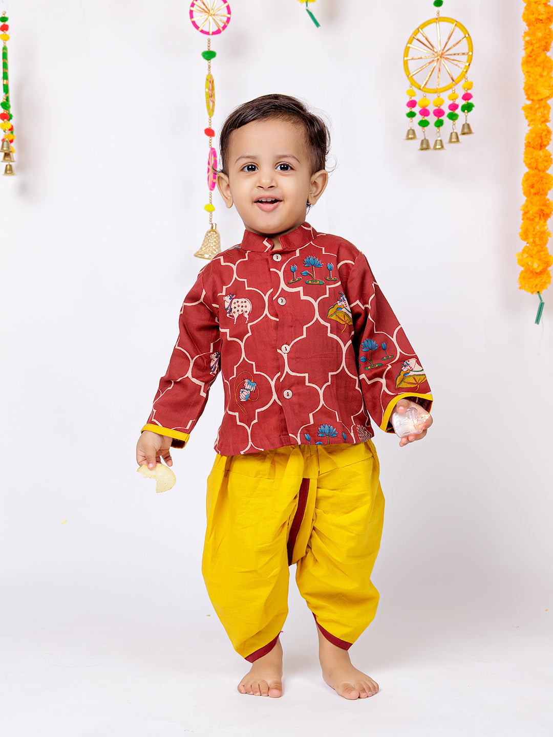 Divine Bloom – Maroon Print Kurta with Mustard Dhoti