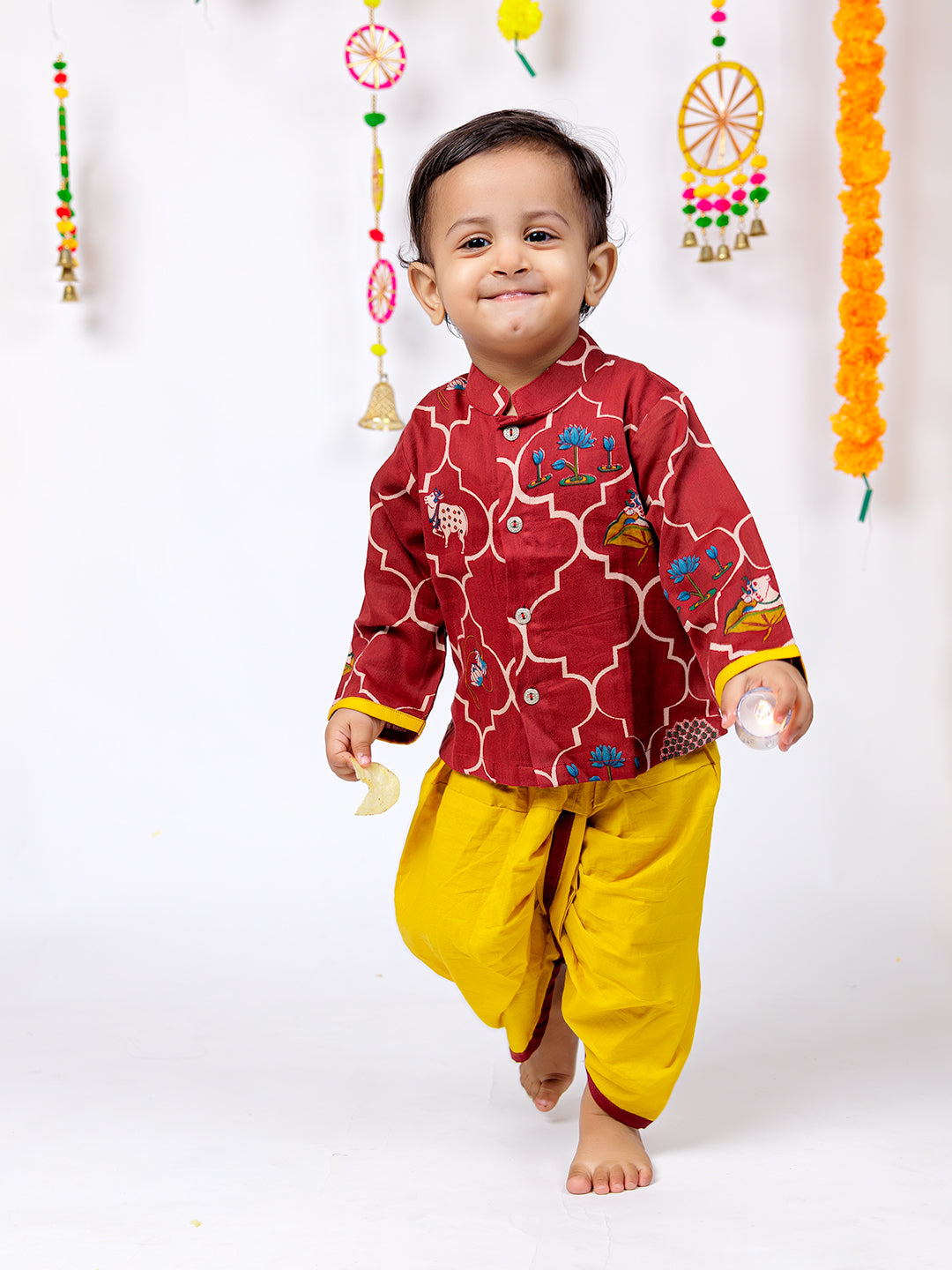 Divine Bloom – Maroon Print Kurta with Mustard Dhoti