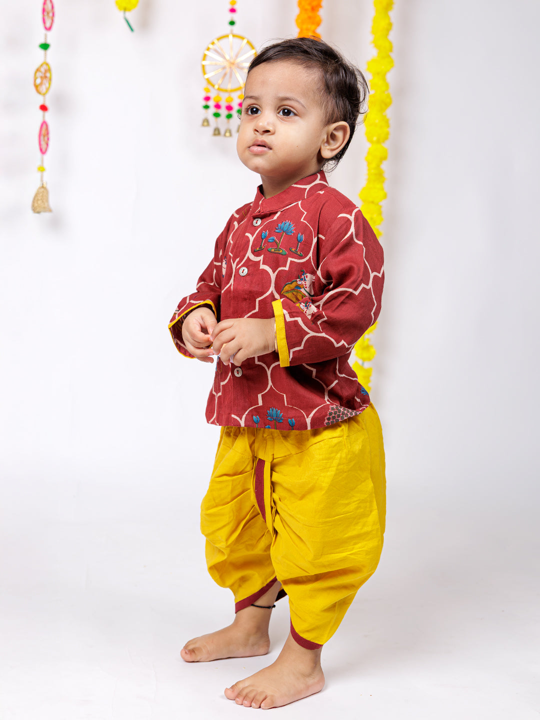 Divine Bloom – Maroon Print Kurta with Mustard Dhoti