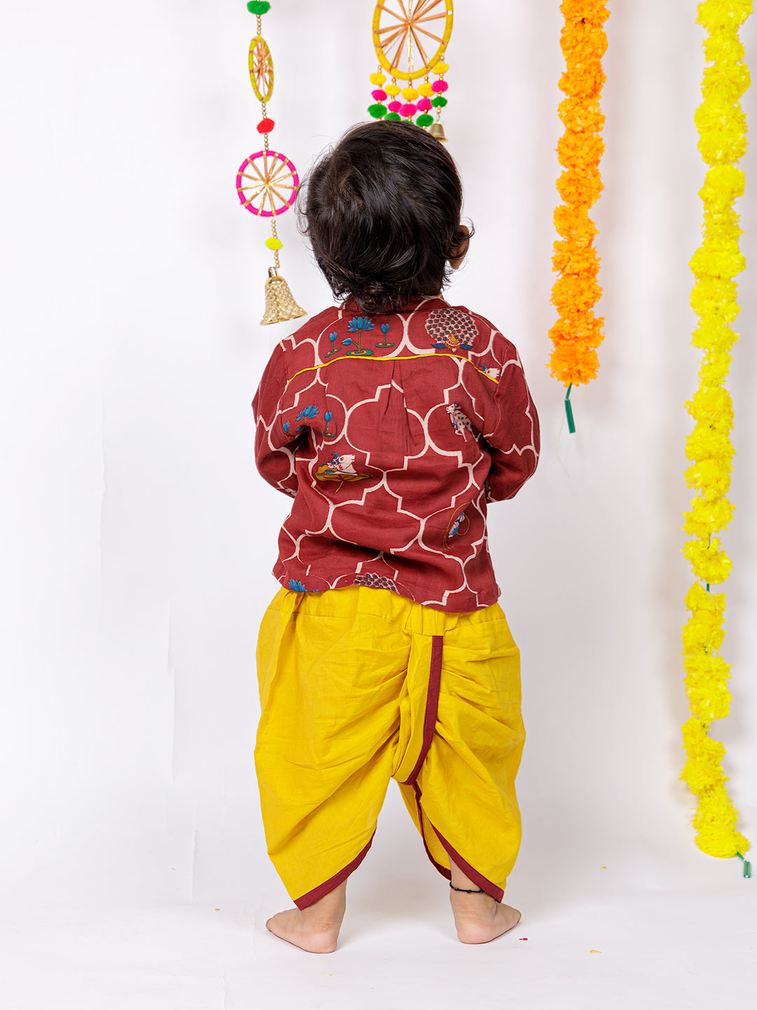 Divine Bloom – Maroon Print Kurta with Mustard Dhoti
