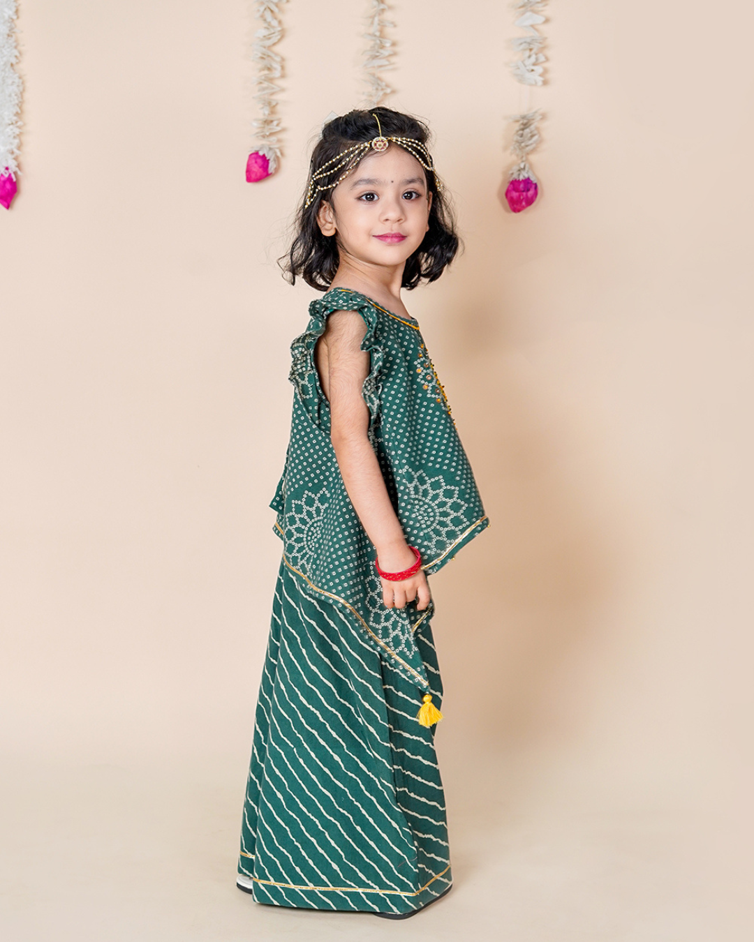 Girls Green Bandhani & leheriya Palazzo set