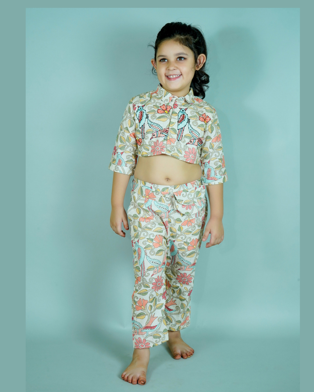 Girls: Bird Embroidered Co-Ord Set With Waist Belt