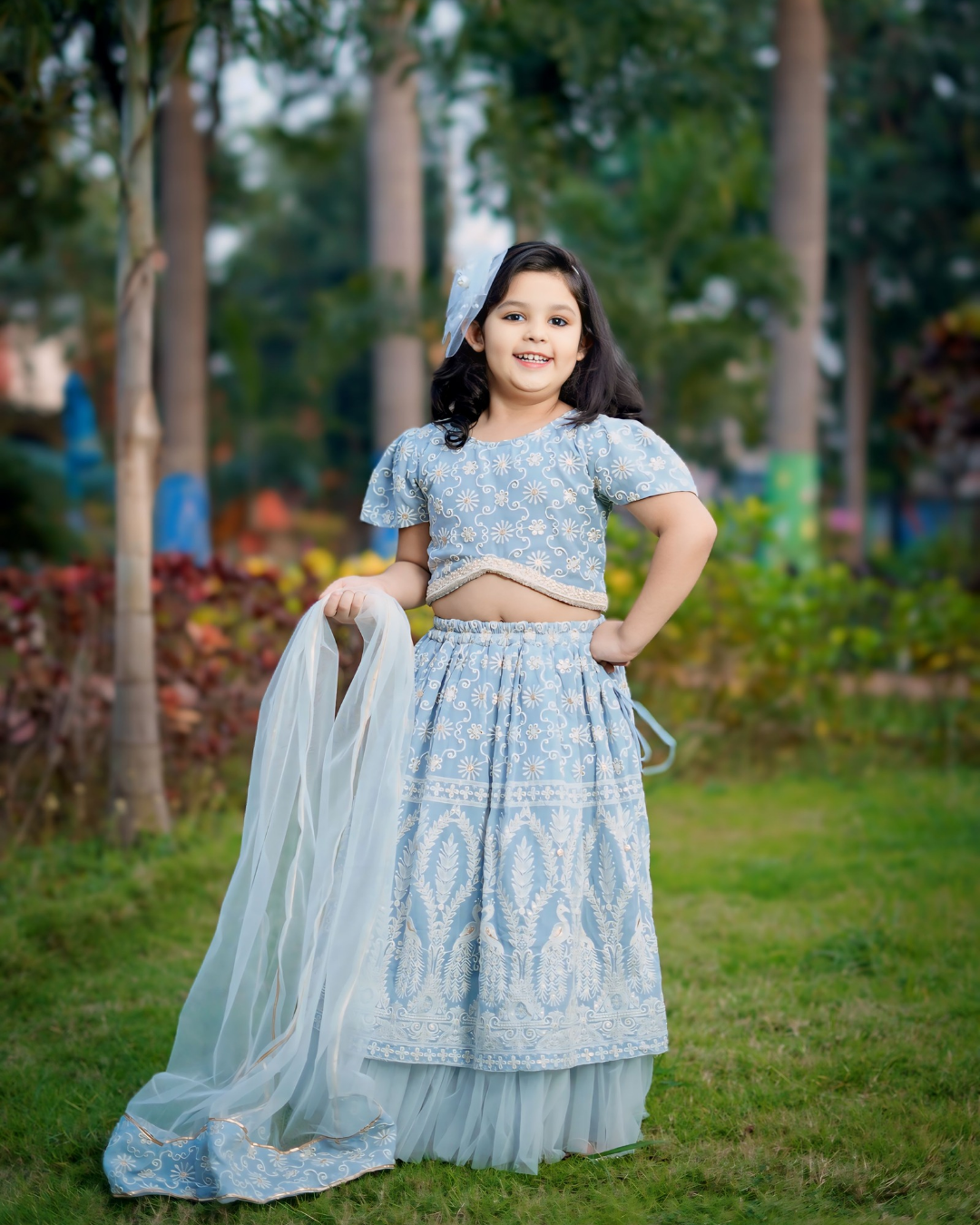 Girls Icy Blue Pure Lakhnavi Embroidered Lehenga Set