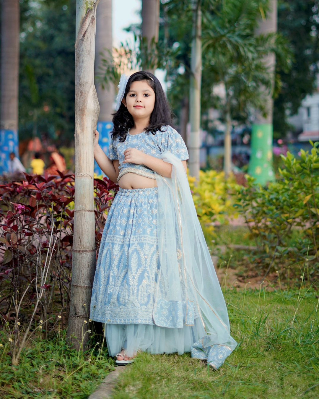 Girls Icy Blue Pure Lakhnavi Embroidered Lehenga Set