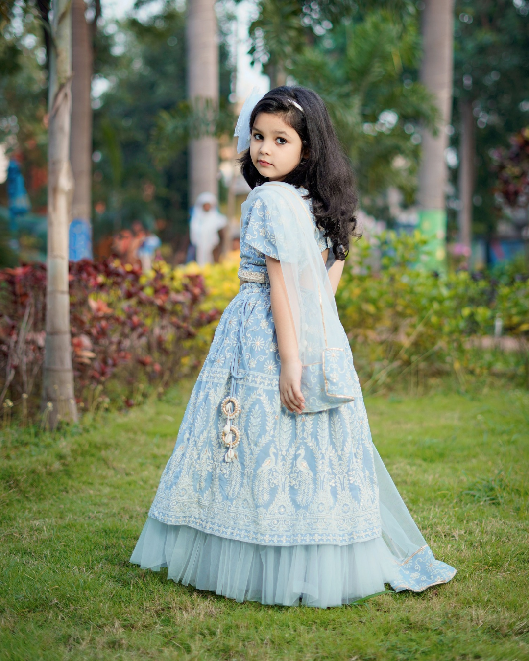 Girls Icy Blue Pure Lakhnavi Embroidered Lehenga Set