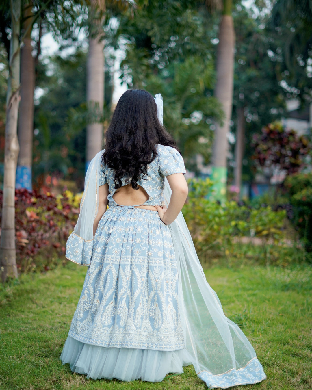 Girls Icy Blue Pure Lakhnavi Embroidered Lehenga Set