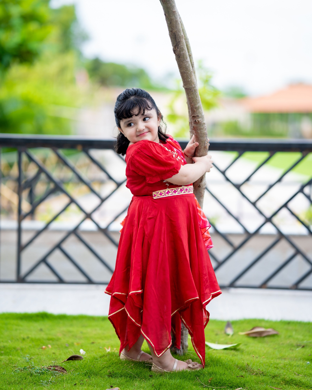 Asymmetric Red Kurti With Gota Work Belt