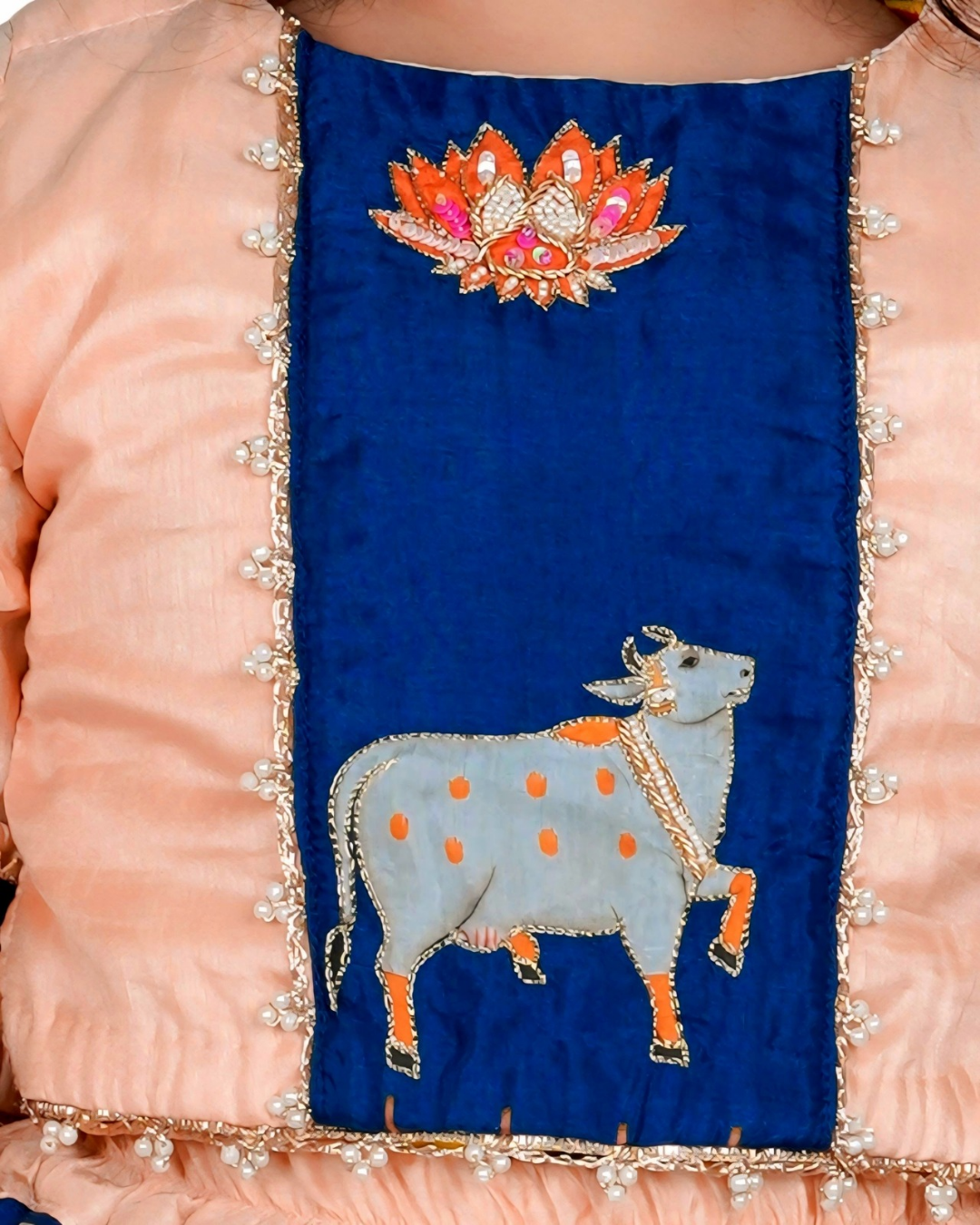 Girls Elegant Prussian Blue and Peach Pichwai Lehenga