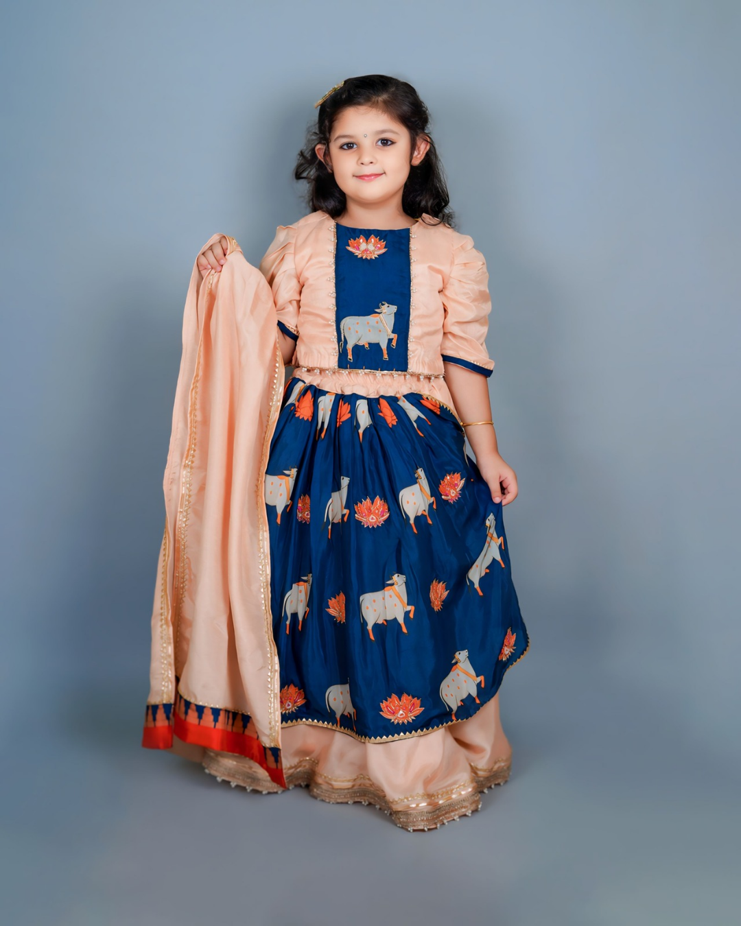 Girls Elegant Prussian Blue and Peach Pichwai Lehenga