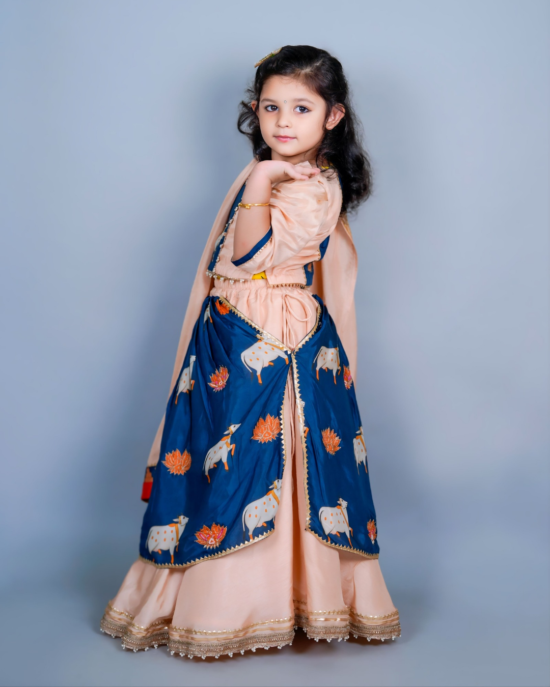 Girls Elegant Prussian Blue and Peach Pichwai Lehenga