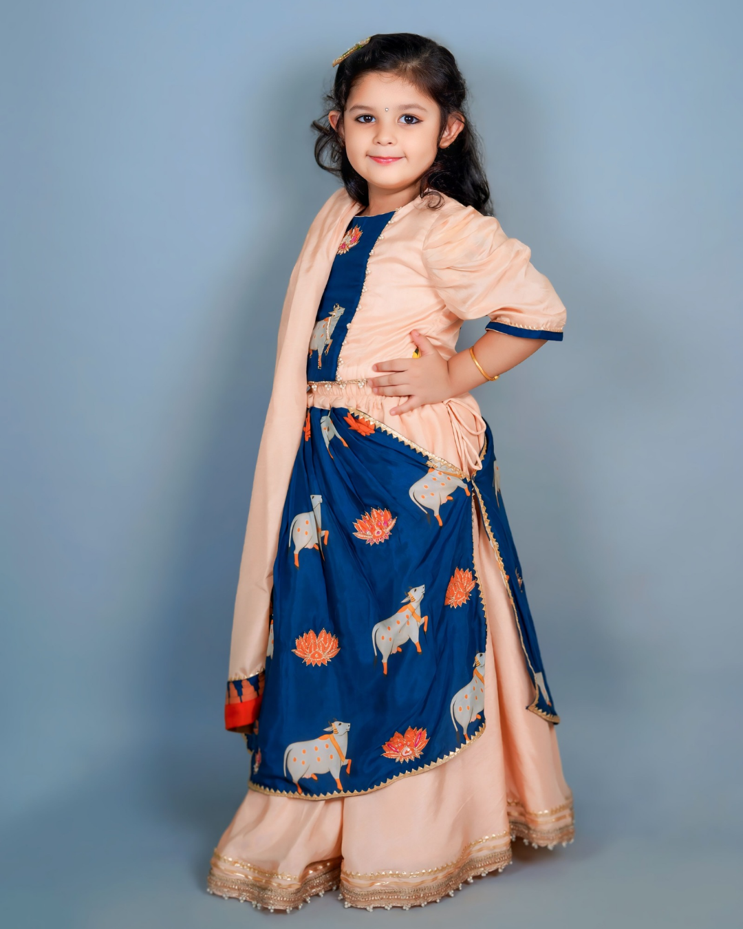 Girls Elegant Prussian Blue and Peach Pichwai Lehenga