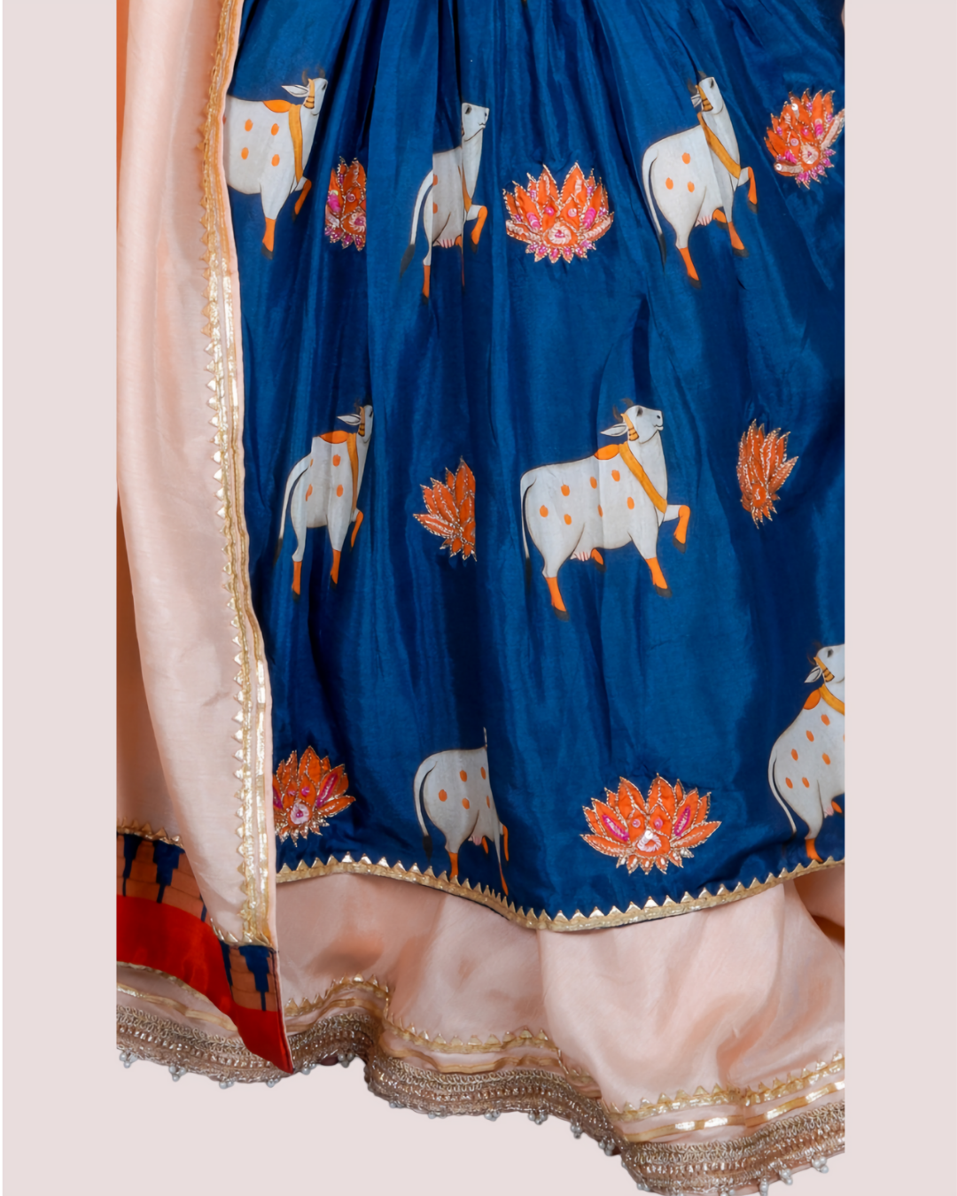 Girls Elegant Prussian Blue and Peach Pichwai Lehenga