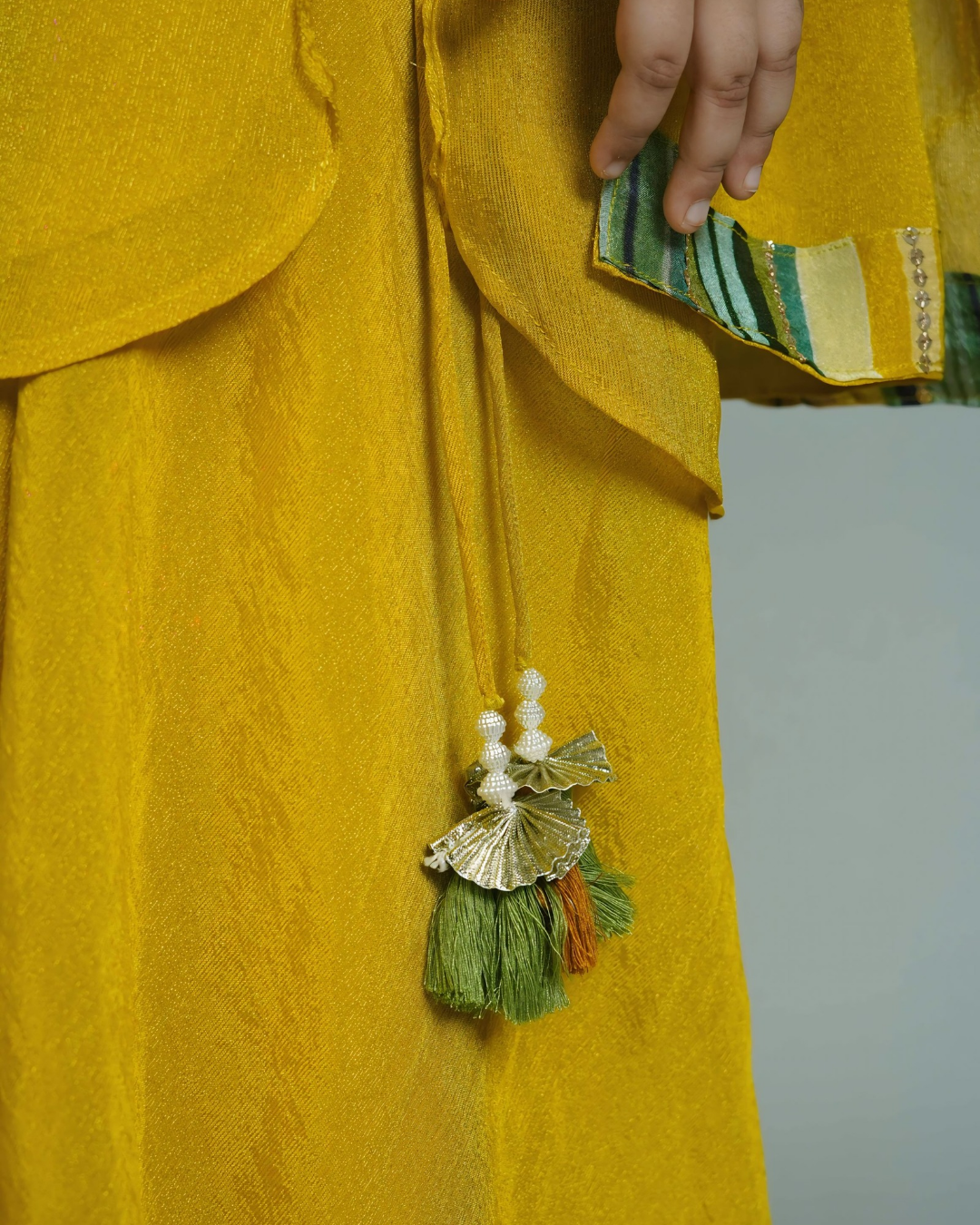 Girls Tissue Silk Mustard Suit Set with Embellished Neckline