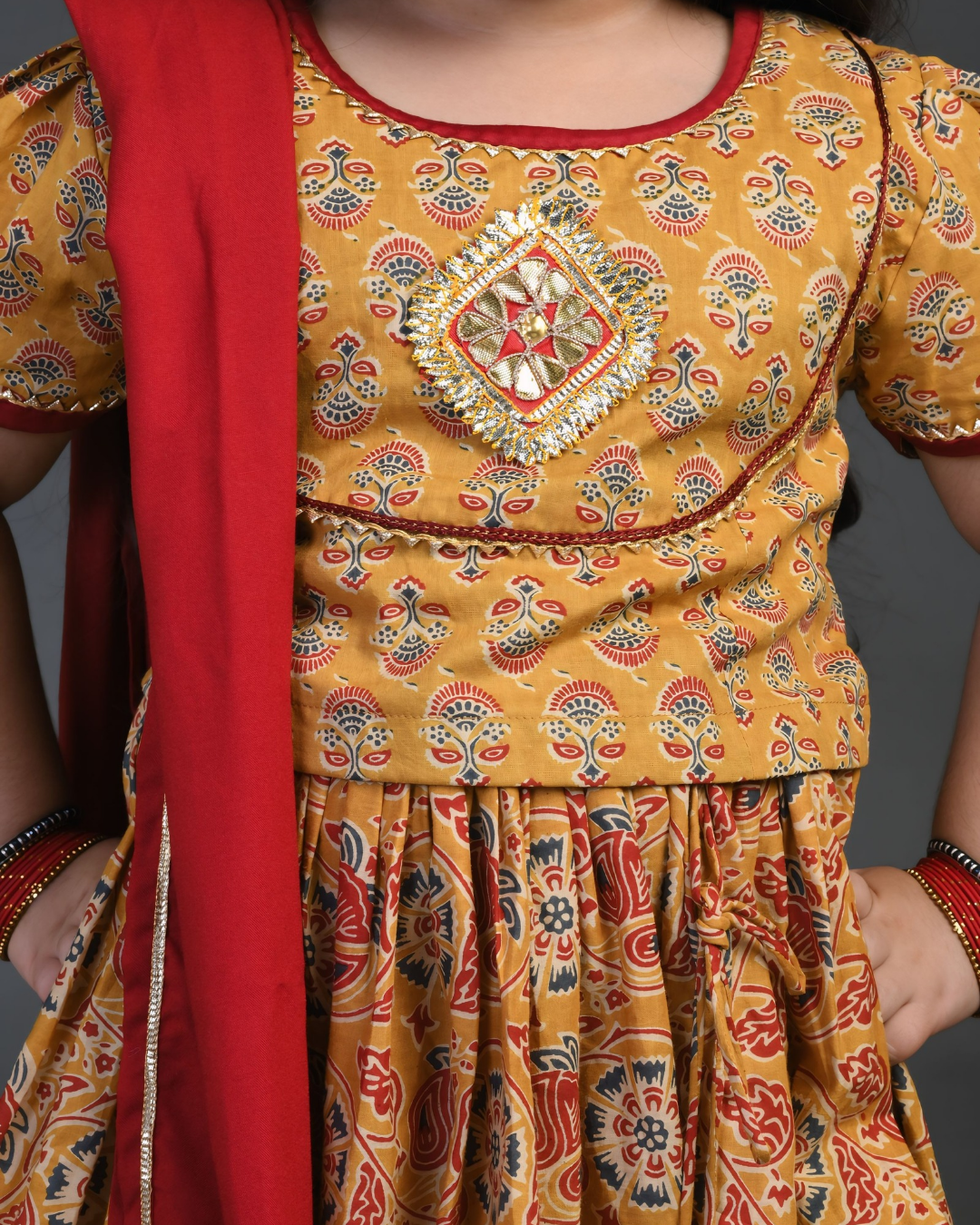 Girls Floral Mustard Gota Detailing Lehenga Set
