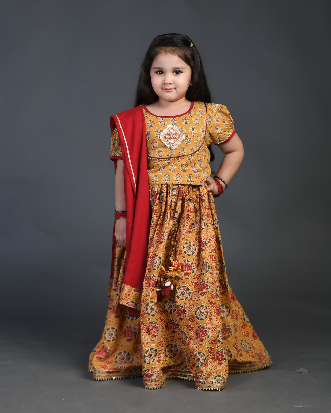 chanda mama Girls Floral Mustard Gota Detailing Lehenga Set