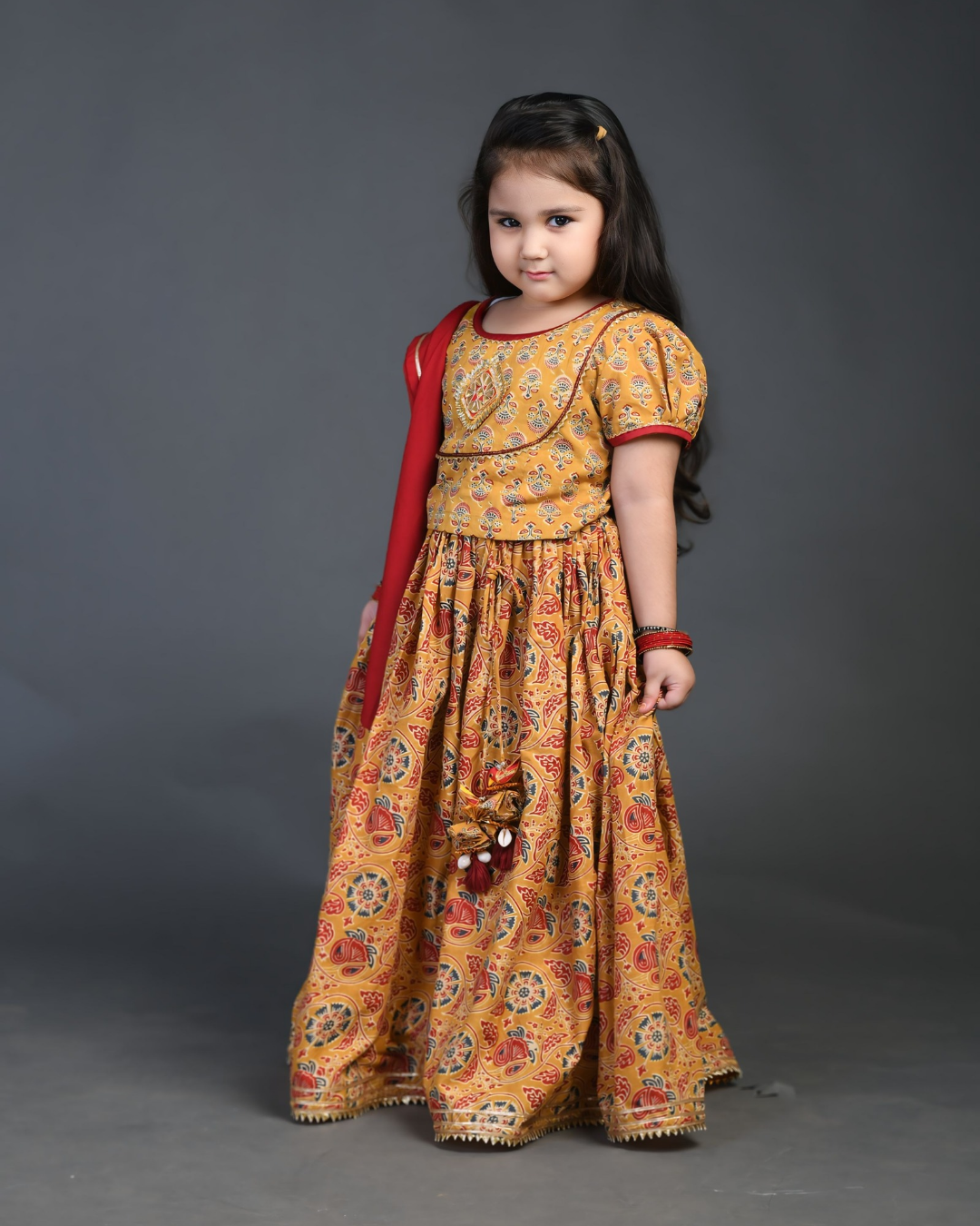 chanda mama Girls Floral Mustard Gota Detailing Lehenga Set