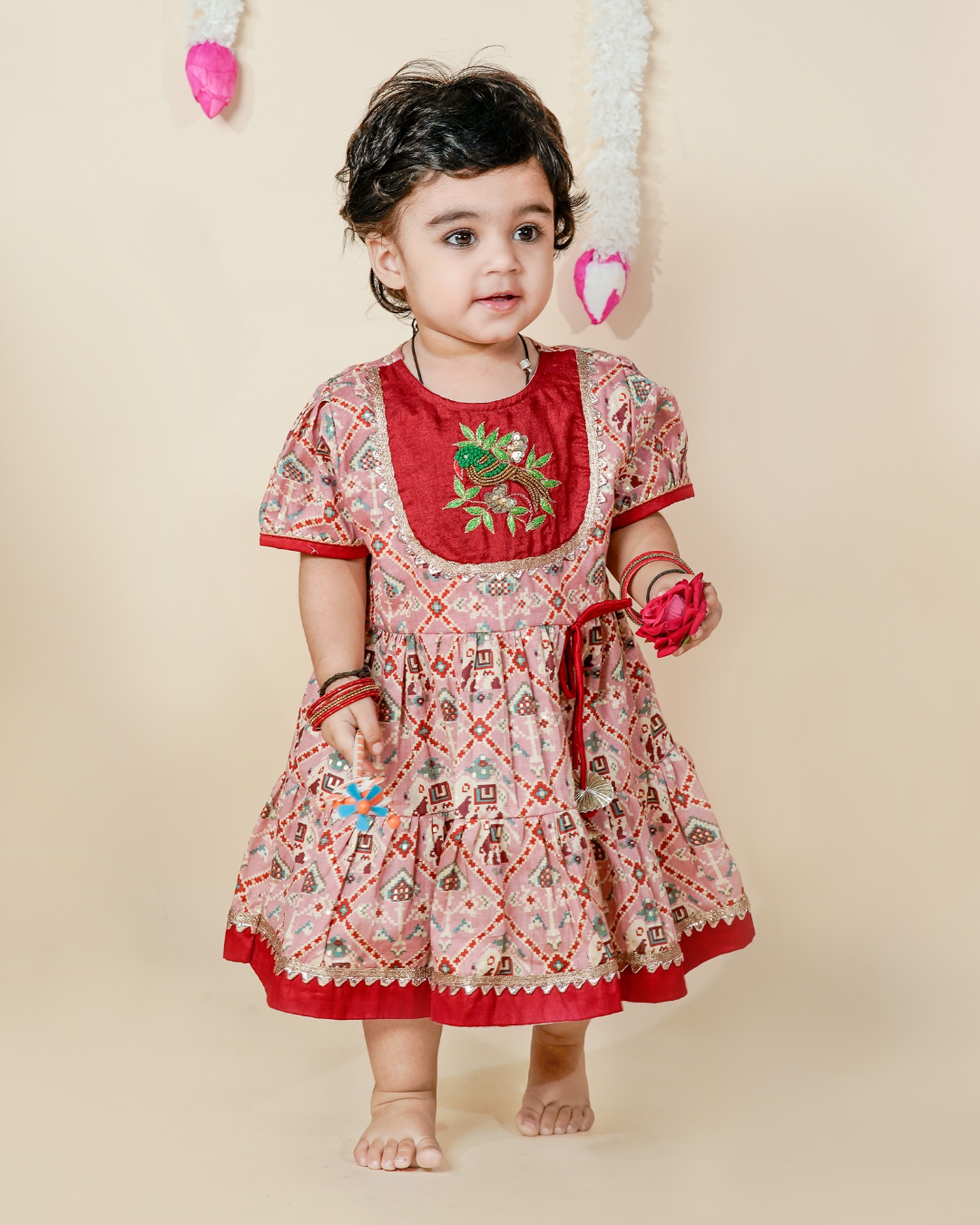 GIRLS PATOLA BIRD EMBROIDERED DRESS - Main Image