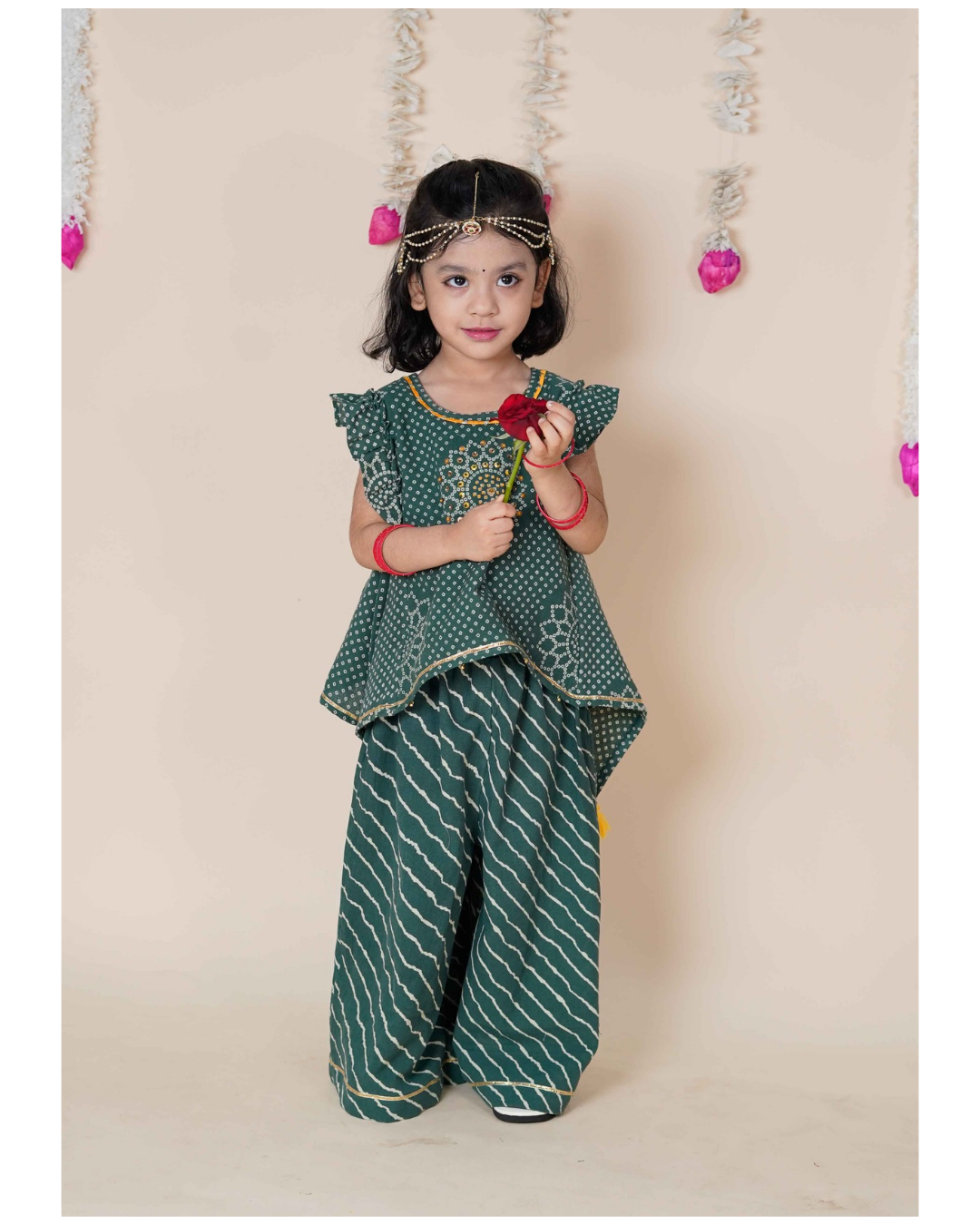 Green Bandhani Asymmetric Top & Palazzo