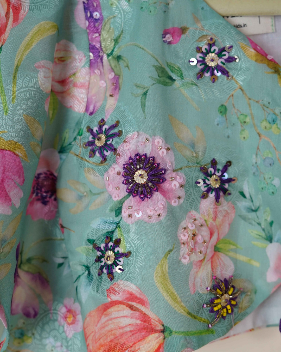 Mint Blossom Floral Lehenga Set for Girls
