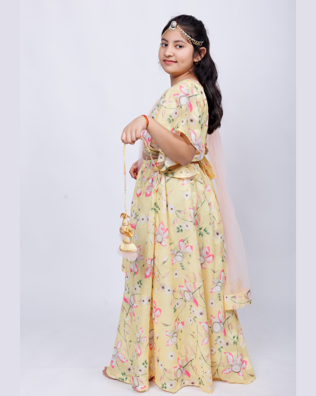 Chanda Mama Gils Yellow Floral Lehenga Set